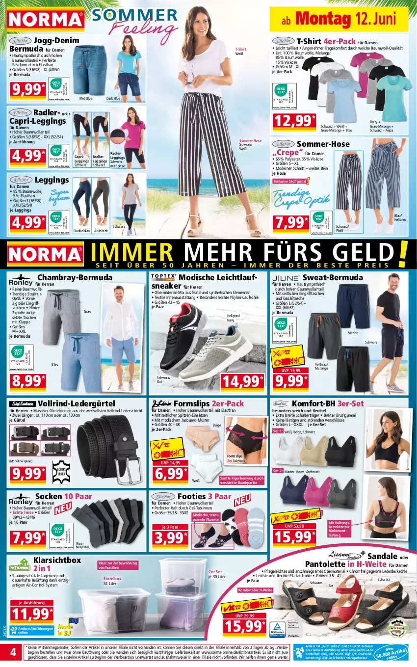 Aktueller Prospekt Norma - Norma - von 12.06 bis 19.06.2023 - strona 4 - produkty: aqua, auer, Bau, baumwolle, Bebe, beere, bermuda, Brei, Cap, decksohle, dell, eis, Elan, elle, ente, erde, gin, hose, HP, Hylo, Klarsichtbox, leggings, LG, Mode, ndk, pantolette, pril, radler, reine baumwolle, reis, Ria, rind, sandale, shirt, slip, slips, sneaker, socken, Spiele, T-Shirt, Tasche, taschen, Ti, tisch, wolle, ZTE