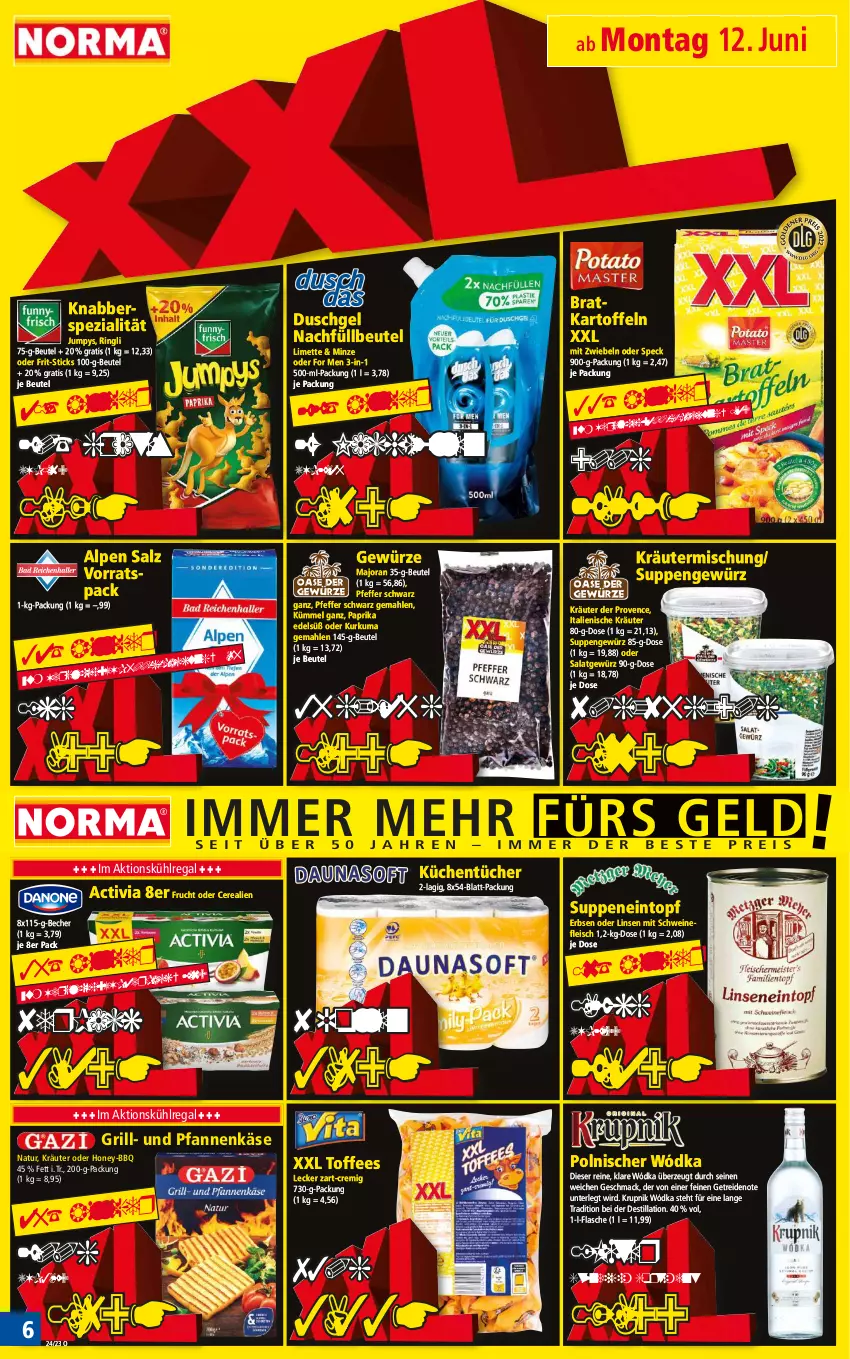 Aktueller Prospekt Norma - Norma - von 12.06 bis 19.06.2023 - strona 6 - produkty: activia, Becher, beutel, cerealien, duschgel, eintopf, eis, erbsen, flasche, fleisch, Frit-Sticks, frucht, gewürz, grill, kartoffel, kartoffeln, Käse, kräuter, Kräutermischung, küche, Küchen, küchentücher, kühlregal, limette, linsen, mac, Mett, minze, mit zwiebeln, natur, paprika, pfanne, pfannen, pfannenkäse, pfeffer, regal, ring, salat, salz, schwein, schweine, schweinefleisch, Speck, Spezi, suppe, suppen, Ti, topf, tücher, und pfanne, wein, weine, zwiebel, zwiebeln