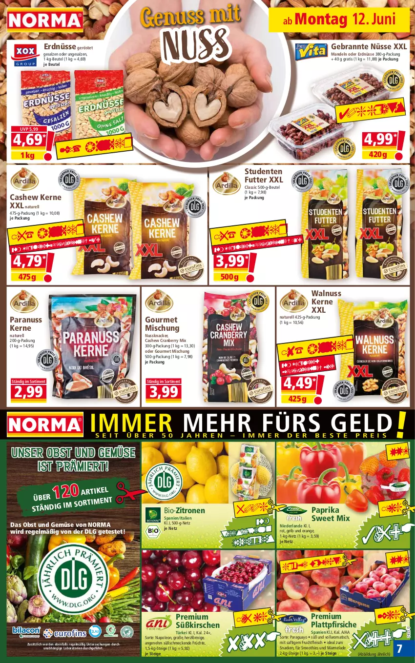 Aktueller Prospekt Norma - Norma - von 12.06 bis 19.06.2023 - strona 7 - produkty: beutel, bio, bio-zitronen, Cashew, cranberry, eis, ente, erde, erdnüsse, fleisch, frucht, früchte, fruchtfleisch, kirsch, kirsche, kirschen, knacker, LG, mandel, mandeln, marmelade, natur, nuss, Nussknacker, obst, Obst und Gemüse, orange, paprika, pfirsich, pfirsiche, plattpfirsiche, reis, rel, saft, salz, smoothie, smoothies, snack, Ti, tiefpreis, tisch, und gemüse, walnuss, Walnuss Kerne, Yo, zitrone, zitronen