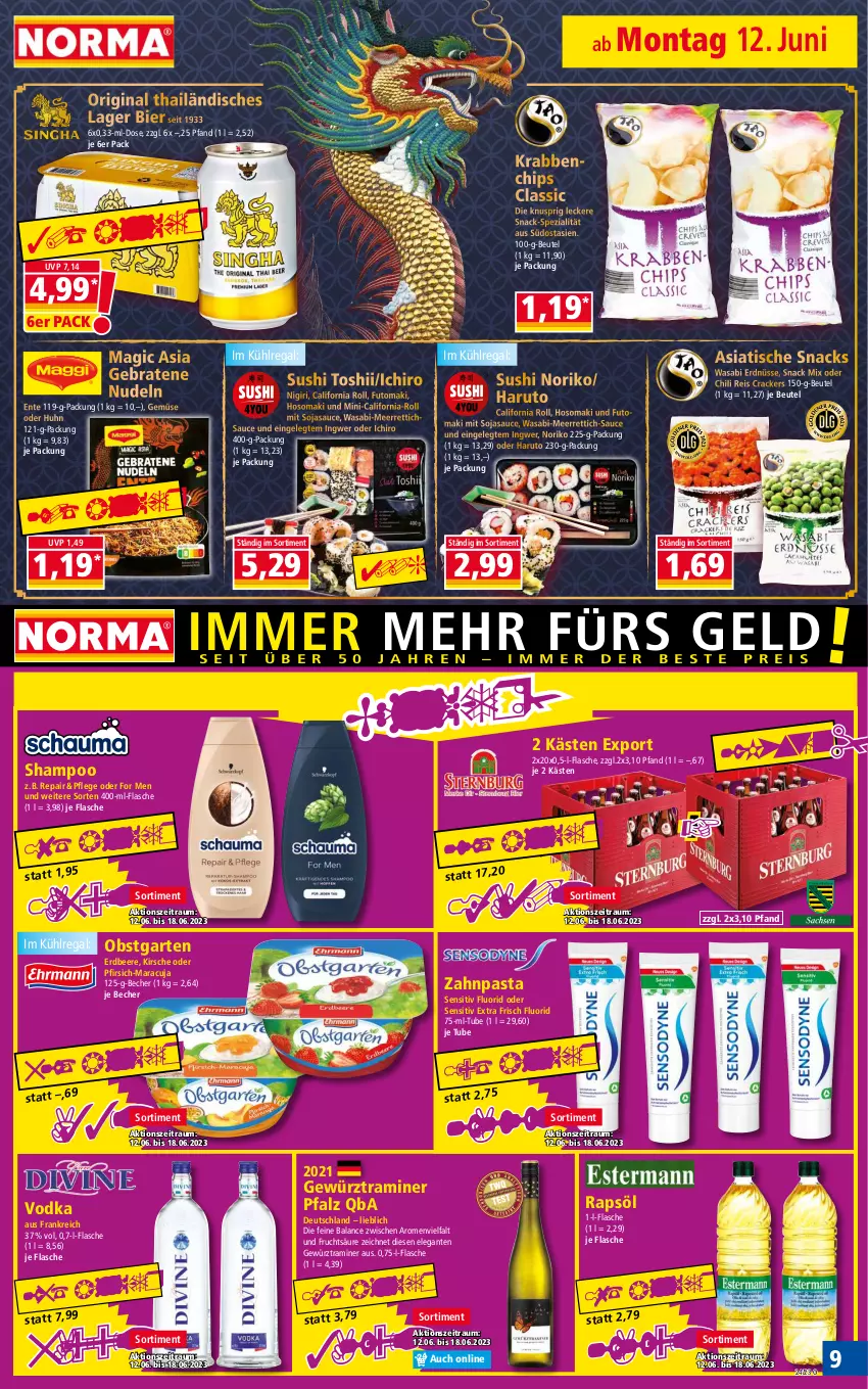 Aktueller Prospekt Norma - Norma - von 12.06 bis 19.06.2023 - strona 9 - produkty: Becher, beere, beutel, bier, braten, chili, chips, cracker, eis, ente, erdbeere, erdnüsse, flasche, frucht, Garten, gewürz, gin, ingwer, kirsch, kirsche, kühlregal, maracuja, meerrettich, nudel, nudeln, obst, obstgarten, pasta, pfirsich, rapsöl, regal, reis, Rettich, sauce, shampoo, snack, snacks, soja, sojasauce, Spezi, Sushi, Ti, tisch, vodka, wasa, zahnpasta