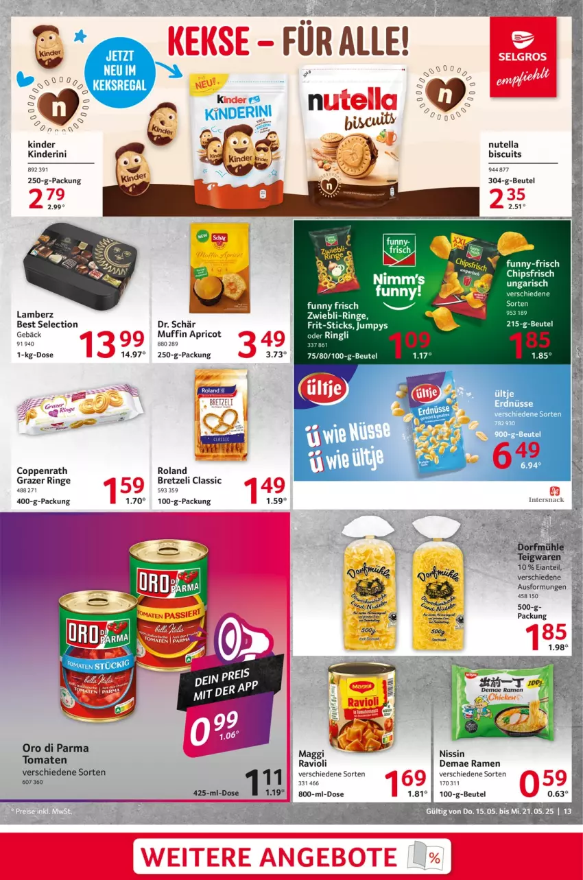 Aktueller Prospekt Selgros - Food - von 15.05 bis 21.05.2025 - strona 13 - produkty: Amber, beutel, chips, chipsfrisch, coppenrath, eier, Frit-Sticks, funny-frisch, Kinder, maggi, Muffin, nutella, oro di parma, ravioli, Razer, ring, snack, Ti, tomate, tomaten, ültje