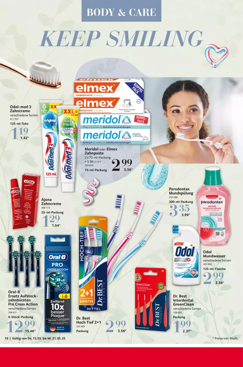 Aktueller Prospekt Selgros - Food - von 15.05 bis 21.05.2025 - strona 16 - produkty: body, bürste, bürsten, creme, cross action, Dr. Best, eis, elmex, erde, flasche, LG, meridol, mundspülung, mundwasser, Odol, Odol-med 3, oral-b, oralb, Parodontax, pasta, reis, sac, spülung, Ti, wasser, zahnbürste, zahnbürsten, zahncreme, zahnpasta
