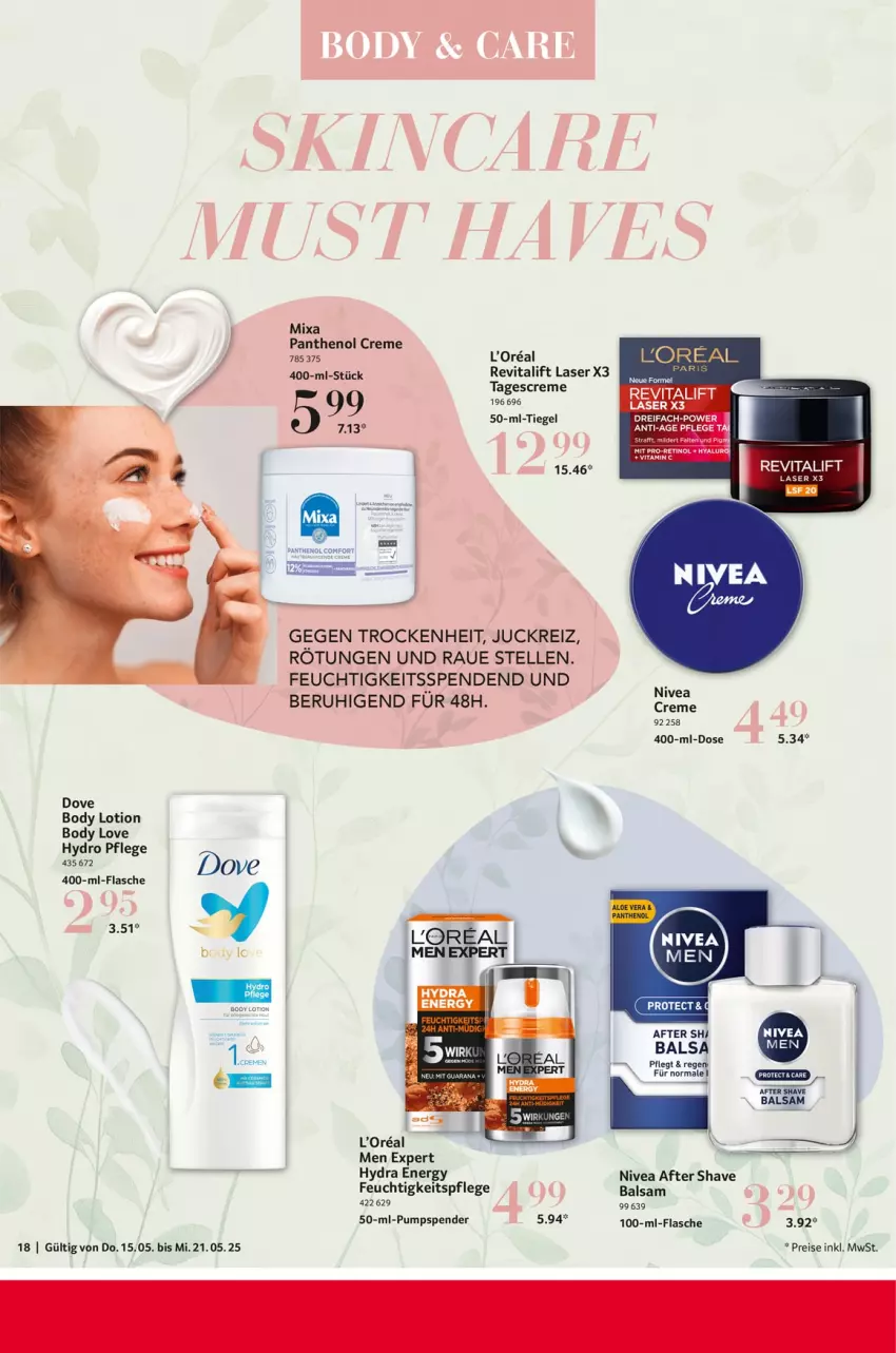 Aktueller Prospekt Selgros - Food - von 15.05 bis 21.05.2025 - strona 18 - produkty: after shave, balsam, body, body lotion, creme, dove, eis, elle, feuchtigkeitspflege, flasche, Lotion, Mixa, nivea, Panthenol, reis, Revital, revitalift, Ti, vita