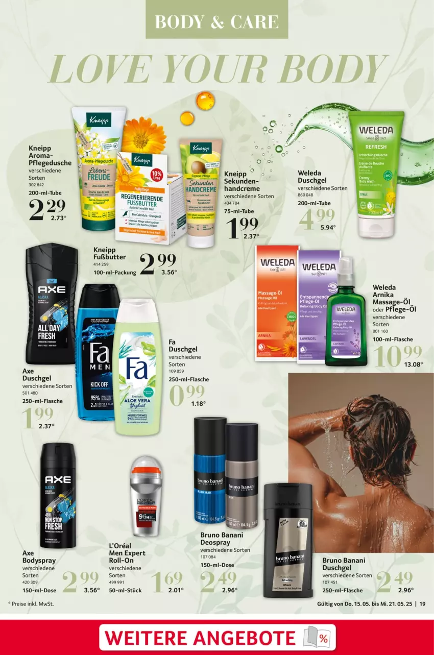 Aktueller Prospekt Selgros - Food - von 15.05 bis 21.05.2025 - strona 19 - produkty: axe, body, bodyspray, bruno banani, butter, creme, deo, deospray, dusche, duschgel, eis, flasche, handcreme, kneipp, LG, pflegedusche, reis, rel, roll-on, Ti, torte, weleda