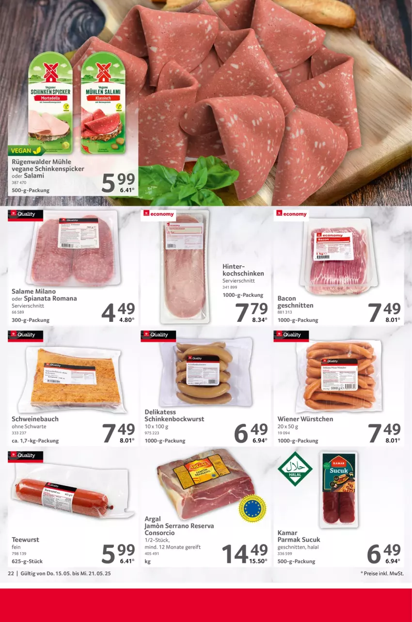 Aktueller Prospekt Selgros - Food - von 15.05 bis 21.05.2025 - strona 22 - produkty: bacon, Bau, bockwurst, eis, kochschinken, reis, rügenwalder, rügenwalder mühle, salami, schinken, Schinkenspicker, schnitten, schwein, schweine, Schweinebauch, serrano, Sucuk, tee, teewurst, Ti, wein, weine, wiener, wiener würstchen, wurst, würstchen