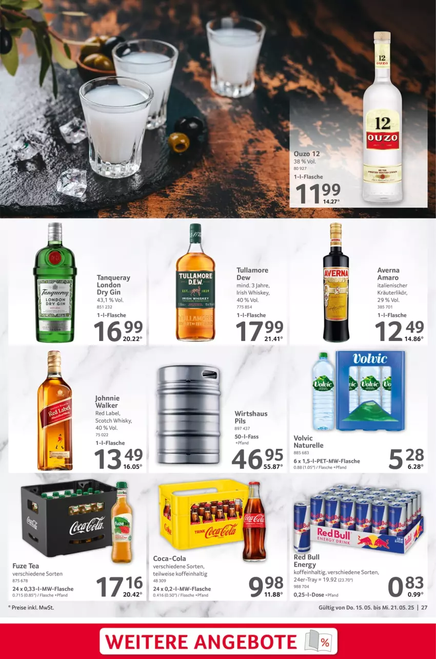 Aktueller Prospekt Selgros - Food - von 15.05 bis 21.05.2025 - strona 27 - produkty: amaro, averna, coca-cola, cola, dry gin, eis, elle, flasche, fuze tea, gin, irish whiskey, johnnie walker, kräuter, kräuterlikör, likör, mw-flasche, natur, ouzo, ouzo 12, pils, red bull, reis, rel, scotch, scotch whisky, Tanqueray, Ti, tullamore, tullamore dew, volvic, whiskey, whisky