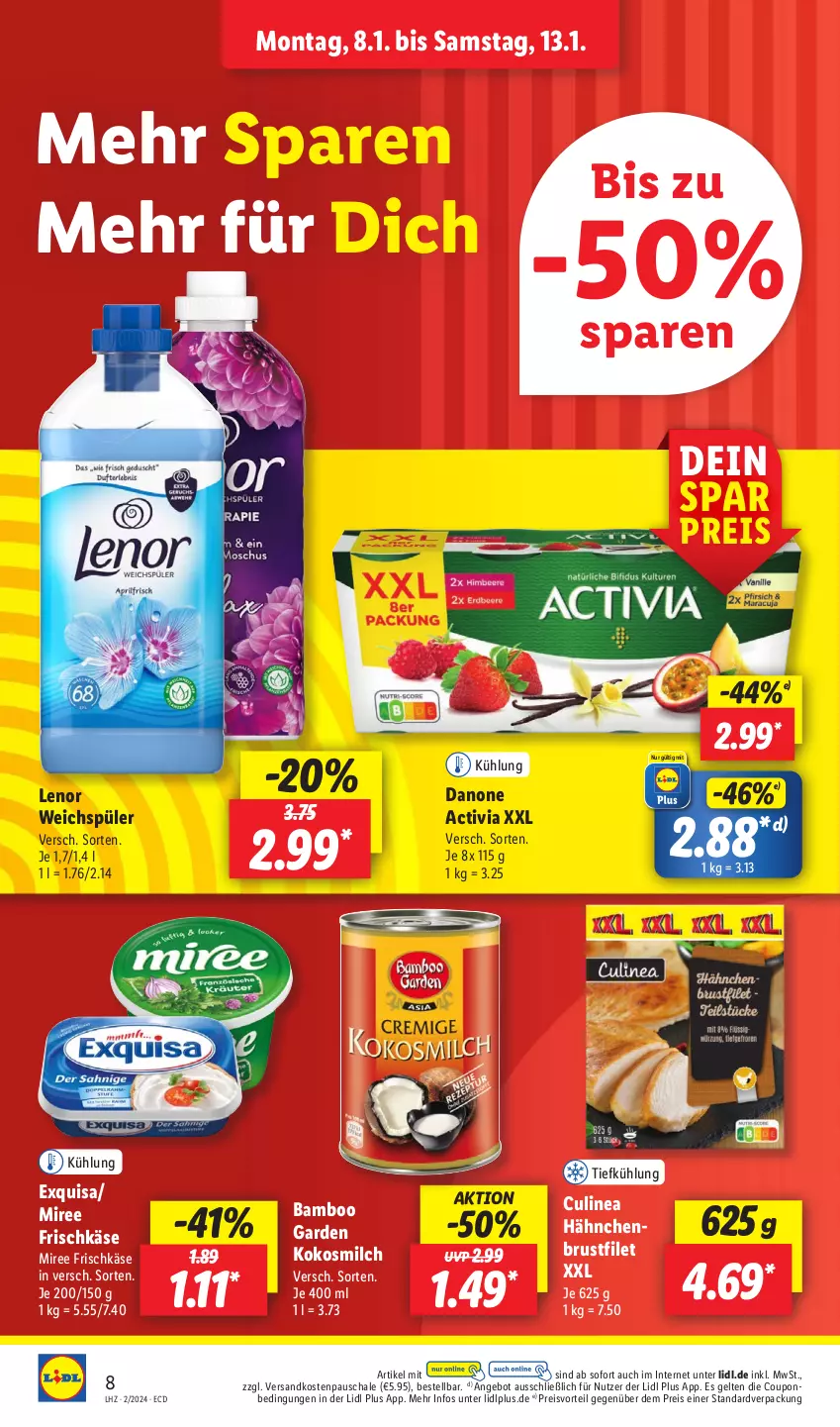 Aktueller Prospekt Lidl - Aktionsprospekt - von 08.01 bis 13.01.2024 - strona 10 - produkty: activia, angebot, bamboo, brustfilet, coupon, danone, danone activia, eis, exquisa, filet, frischkäse, Käse, kokos, kokosmilch, lenor, lenor weichspüler, milch, miree, ndk, preisvorteil, reis, Schal, Schale, Ti, weichspüler