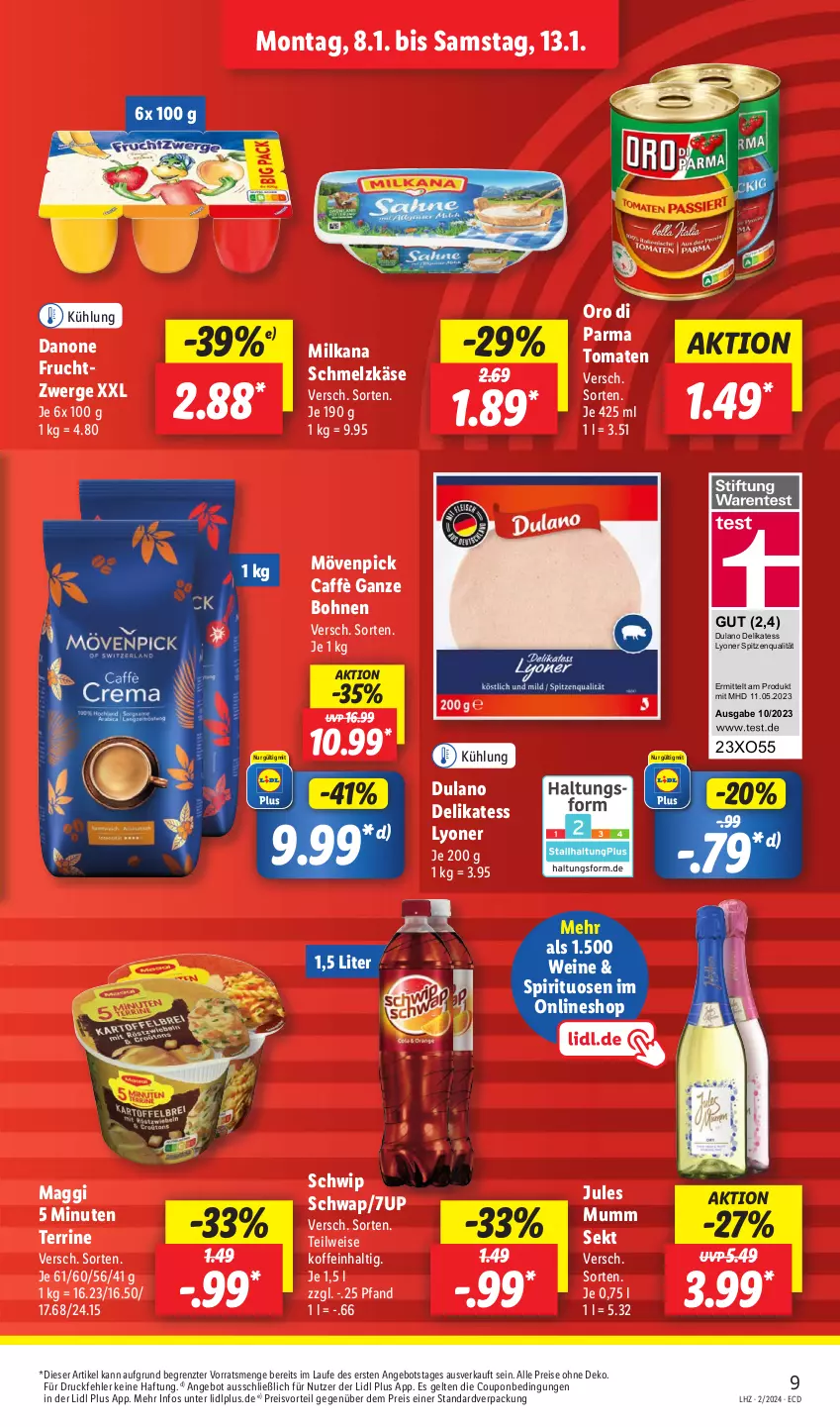 Aktueller Prospekt Lidl - Aktionsprospekt - von 08.01 bis 13.01.2024 - strona 11 - produkty: 7UP, angebot, bohne, bohnen, coupon, danone, danone fruchtzwerge, dulano, eis, frucht, fruchtzwerge, jules mumm, Käse, lyoner, maggi, milka, milkana, mövenpick, mumm, oro di parma, preisvorteil, reis, Schmelzkäse, Schwip Schwap, sekt, spirituosen, spitzenqualität, terrine, Ti, tomate, tomaten, wein, weine, Yo, ZTE