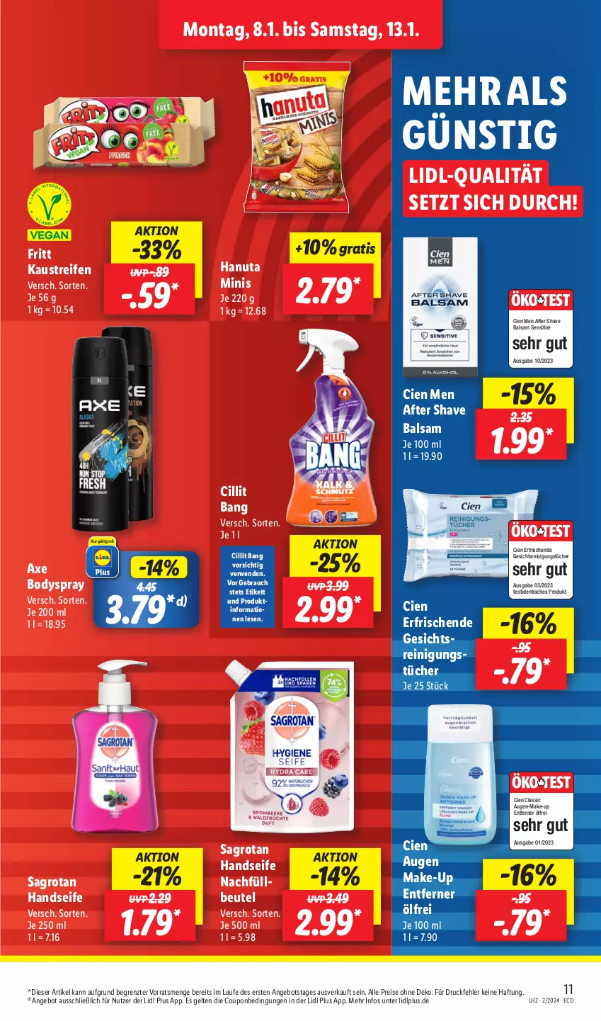 Aktueller Prospekt Lidl - Aktionsprospekt - von 08.01 bis 13.01.2024 - strona 13 - produkty: after shave, angebot, aust, axe, balsam, beutel, body, bodyspray, Cien, Cillit, cillit bang, coupon, eis, Handseife, hanuta, Kaustreifen, Make-up, Rauch, reifen, Reinigung, reinigungstücher, reis, rwe, sagrotan, Seife, Ti, tisch, tücher, ZTE