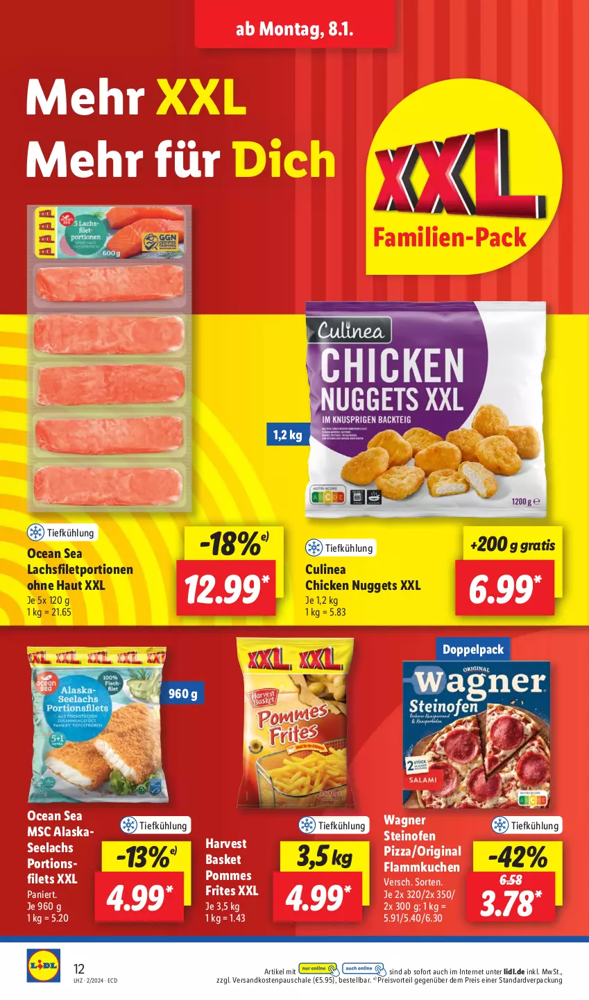 Aktueller Prospekt Lidl - Aktionsprospekt - von 08.01 bis 13.01.2024 - strona 16 - produkty: chicken nuggets, eis, filet, filets, flammkuchen, gin, kuchen, lachs, lachsfilet, lamm, ndk, nuggets, Ofen, pizza, pommes, Pommes Frites, preisvorteil, reis, Schal, Schale, steinofen, steinofen pizza, Ti, wagner