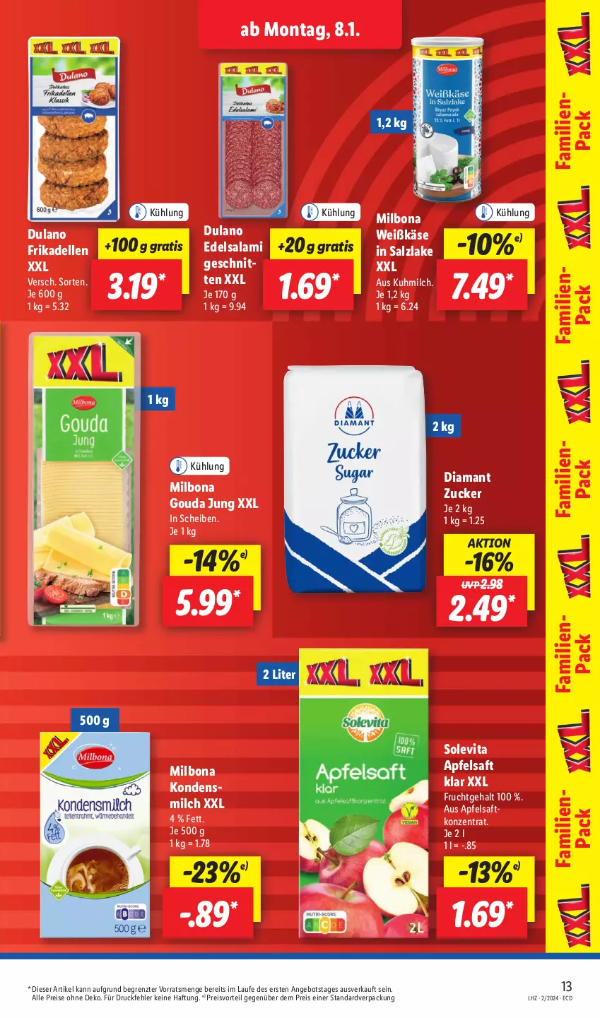 Aktueller Prospekt Lidl - Aktionsprospekt - von 08.01 bis 13.01.2024 - strona 17 - produkty: angebot, apfel, apfelsaft, Bona, dell, dulano, Edelsalami, eis, elle, frikadellen, frucht, gouda, gouda jung, Käse, kondensmilch, Milbona, milch, preisvorteil, reis, saft, salami, salz, schnitten, Ti, vita, ZTE, zucker