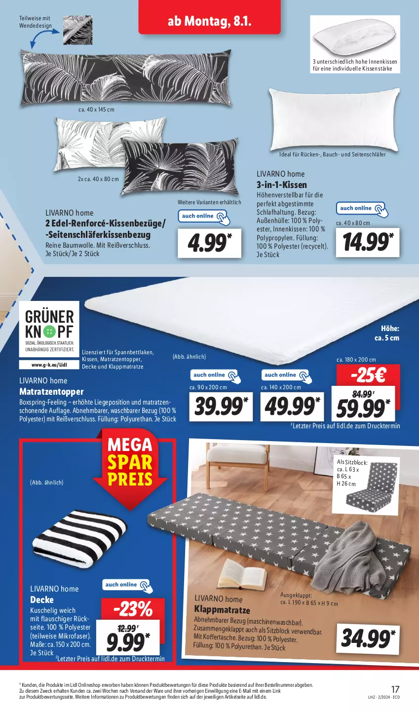 Aktueller Prospekt Lidl - Aktionsprospekt - von 08.01 bis 13.01.2024 - strona 23 - produkty: Bau, baumwolle, bett, decke, eis, elle, kissen, Kissenbezug, koffer, Liege, matratze, matratzen, Matratzentopper, mikrofaser, reine baumwolle, reis, Ria, ring, rwe, spannbettlaken, Tasche, Ti, topper, und matratze, weck, wolle, ZTE