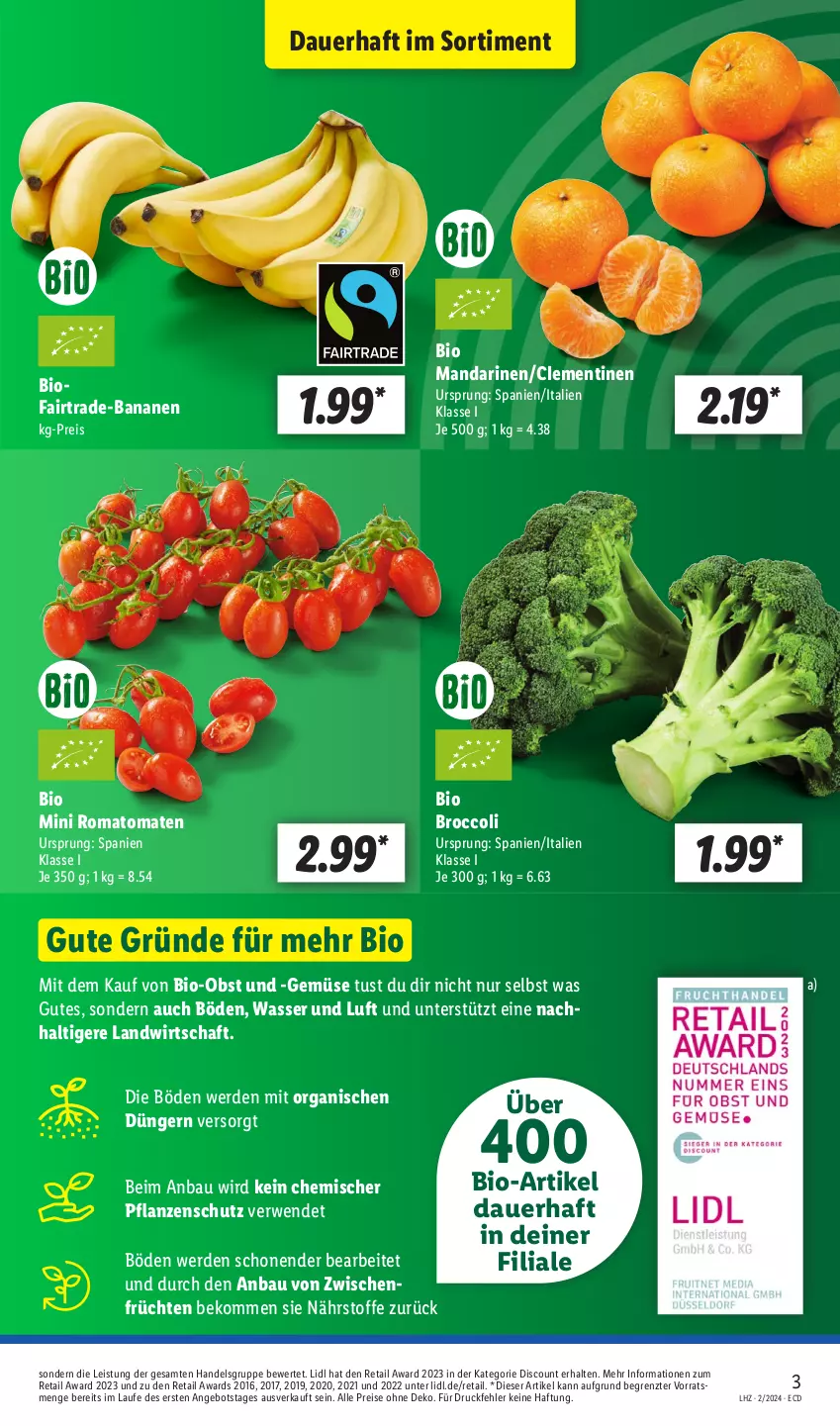 Aktueller Prospekt Lidl - Aktionsprospekt - von 08.01 bis 13.01.2024 - strona 3 - produkty: angebot, auer, banane, bananen, Bau, beko, bio, Bio-Obst, broccoli, clementinen, discount, dünger, eis, erde, früchte, früchten, mandarine, mandarinen, obst, pflanze, pflanzen, reis, Romatomaten, rwe, Ti, tomate, tomaten, wasser, ZTE