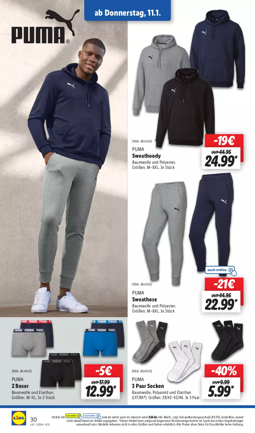 Aktueller Prospekt Lidl - Aktionsprospekt - von 08.01 bis 13.01.2024 - strona 36 - produkty: angebot, Bau, baumwolle, dell, eis, elle, hose, Mode, ndk, puma, reis, Schal, Schale, socken, Sweathose, Ti, wolle, ZTE