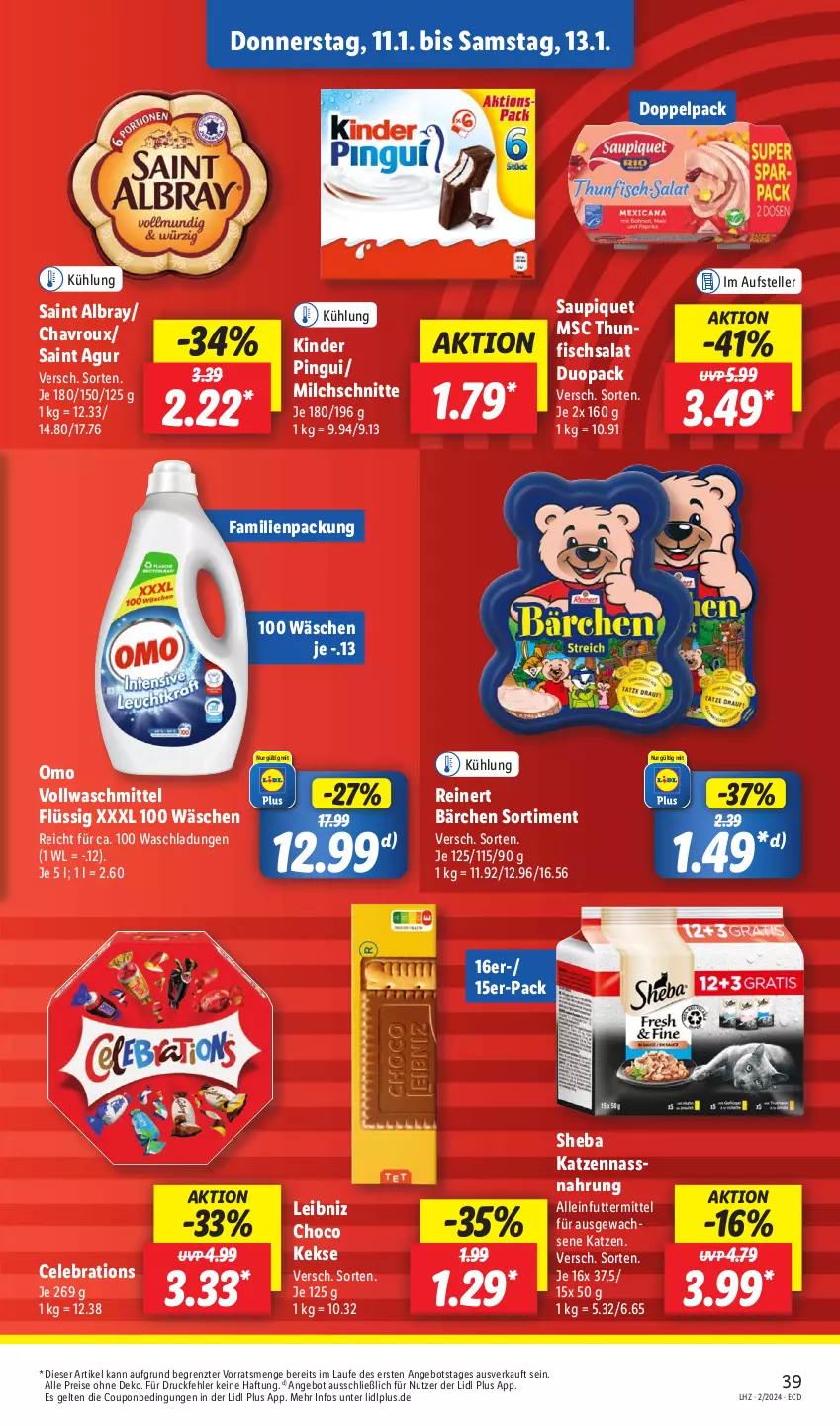 Aktueller Prospekt Lidl - Aktionsprospekt - von 08.01 bis 13.01.2024 - strona 53 - produkty: albray, alleinfuttermittel, angebot, chavroux, coupon, eis, elle, fisch, keks, kekse, Kinder, kinder pingui, leibniz, milch, Milchschnitte, Nassnahrung, pingui, reinert, reis, Saint Agur, saint albray, salat, saupiquet, sheba, teller, thunfisch, Thunfischsalat, Ti, vollwaschmittel, waschmittel, ZTE