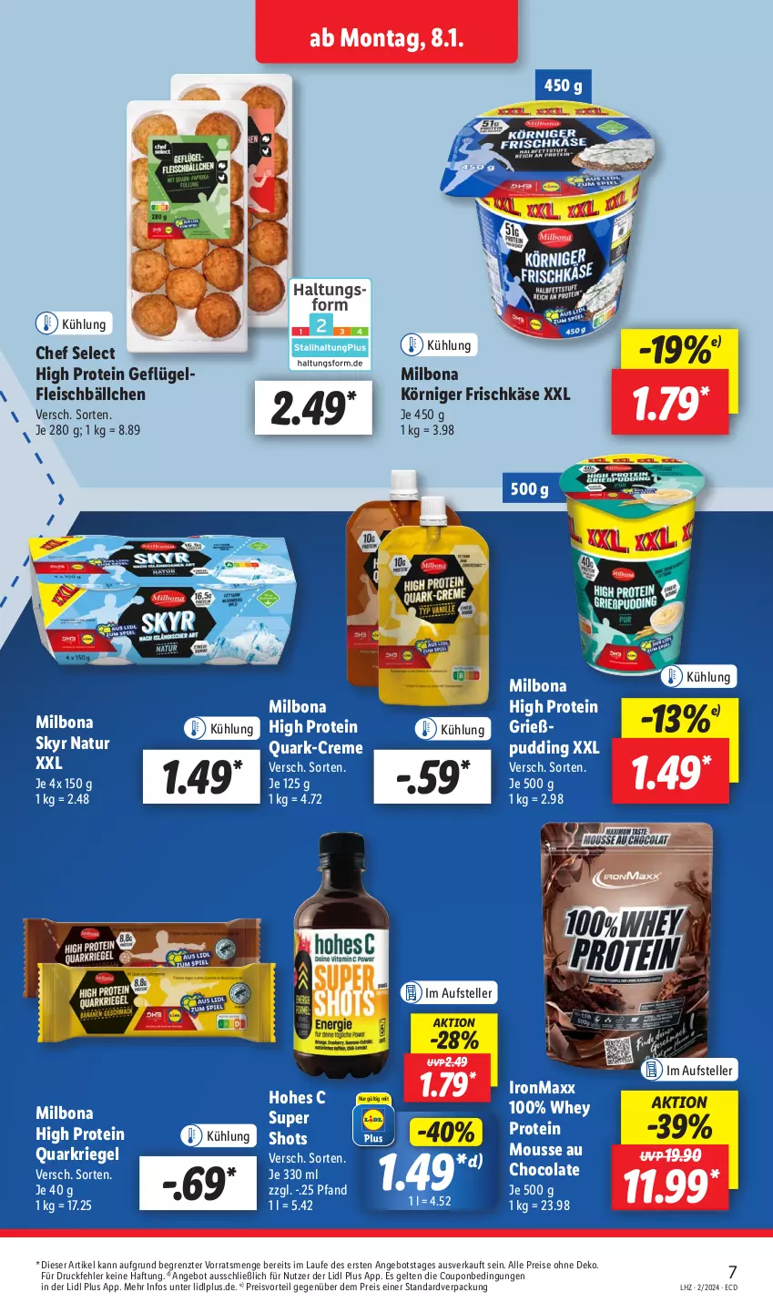 Aktueller Prospekt Lidl - Aktionsprospekt - von 08.01 bis 13.01.2024 - strona 9 - produkty: angebot, Bona, cola, coupon, creme, eis, elle, fleisch, Fleischbällchen, frischkäse, Geflügel, Grießpudding, Hohes C, Käse, Körniger Frischkäse, Milbona, mousse, Mousse au Chocolat, natur, preisvorteil, pudding, quark, Quarkriegel, reis, riegel, Skyr, teller, Ti, ZTE