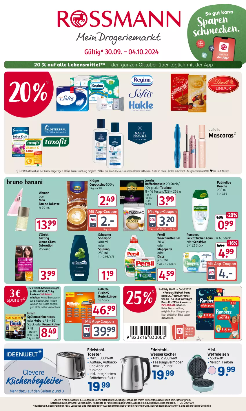 Aktueller Prospekt Rossmann - Prospekte - von 30.09 bis 04.10.2024 - strona 1 - produkty: alkohol, alkoholische getränke, alterra, angebot, angebote, aqua, asti, brötchen, brötchenaufsatz, Cap, cappuccino, cin, coupon, dusche, eau de toilette, edelstahl, eis, feuchttücher, Finish, fusion5, geschirr, getränk, getränke, gillette, jacobs, kaffee, kaffeekapseln, Kinder, Kindernahrung, Kocher, kosmetik, krüger, küche, Küchen, lebensmittel, Mascara, megaperls, olive, palmolive, pampers, Pants, persil, persil waschmittel, Rasierklinge, rasierklingen, reiniger, schauma, schauma shampoo, shampoo, sim, spülmaschinen, spülung, tasse, tassimo, Ti, toast, toaster, tücher, Waffeleisen, waschmittel, wasser, wasserkocher