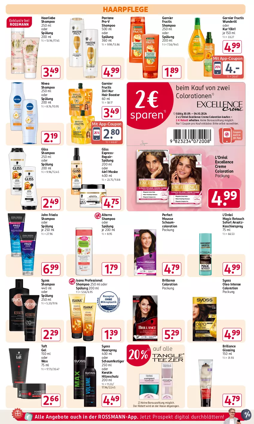 Aktueller Prospekt Rossmann - Prospekte - von 30.09 bis 04.10.2024 - strona 12 - produkty: alterra, angebot, angebote, brillance, Colorationen, coupon, creme, elle, fructis, garnier, gliss, haarpflege, haarspray, isana, Maske, mousse, nivea, oder schaumfestiger, pantene, pantene pro-v, pro-v, sana, schaumfestiger, shampoo, shampoo 250 ml, shampoo oder spülung, spülung, spülung 200 ml, syoss, Taft, teller, Ti, Yo