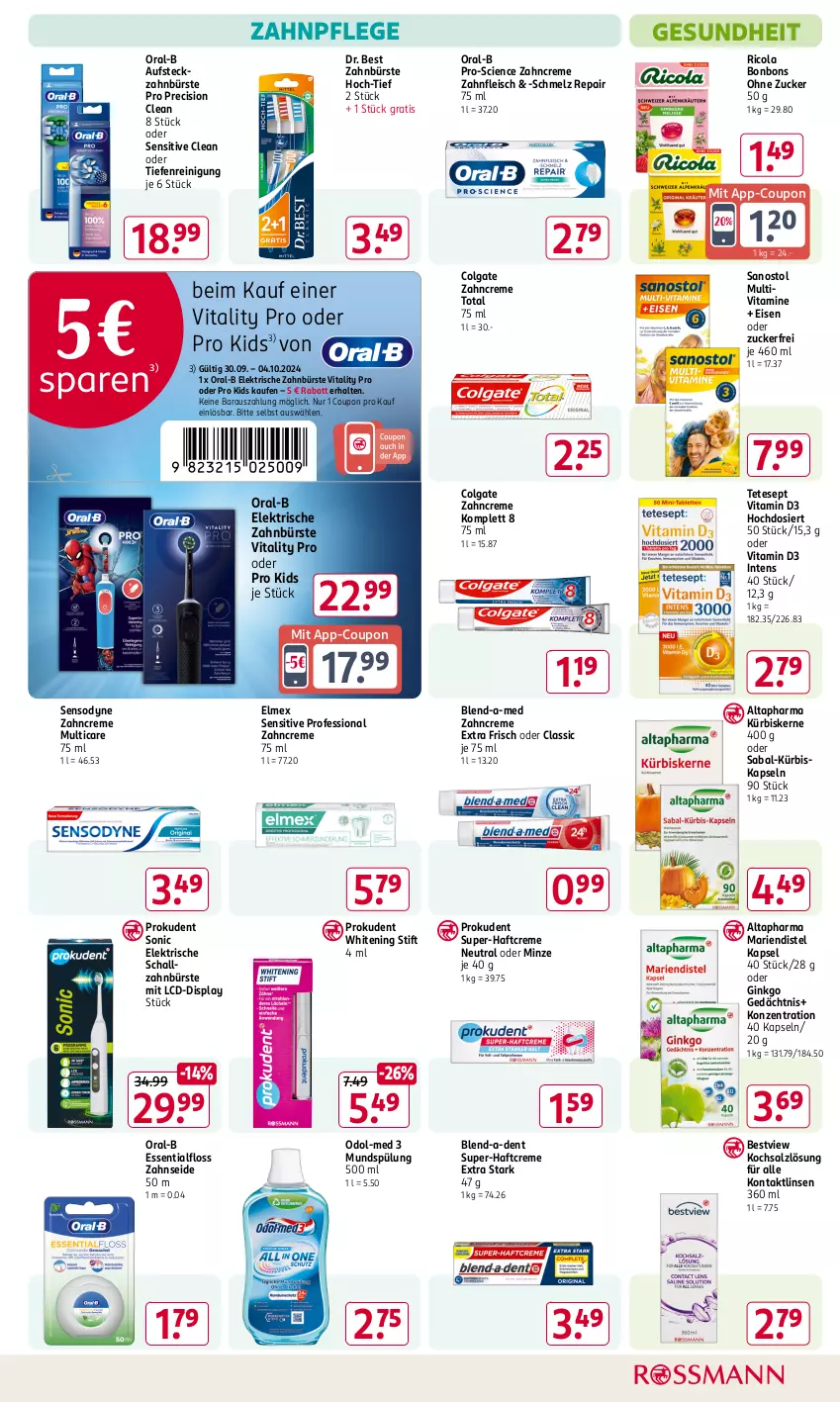 Aktueller Prospekt Rossmann - Prospekte - von 30.09 bis 04.10.2024 - strona 13 - produkty: Altapharma, blend-a-med, bonbons, bürste, Cien, cola, colgate, coupon, creme, Dr. Best, eis, elektrische zahnbürste, elmex, Essentialfloss, fleisch, Gesundheit, gin, Haftcreme, Kürbis, kürbiskerne, LG, linsen, minze, mundspülung, Odol, Odol-med 3, oral-b, precision clean, Prokudent, Reinigung, Ricola, salz, Sanostol, Schal, schallzahnbürste, sensodyne, spülung, Ti, vita, vitality, Vitamin D, Vitamine, zahnbürste, zahncreme, Zahnseide, zucker