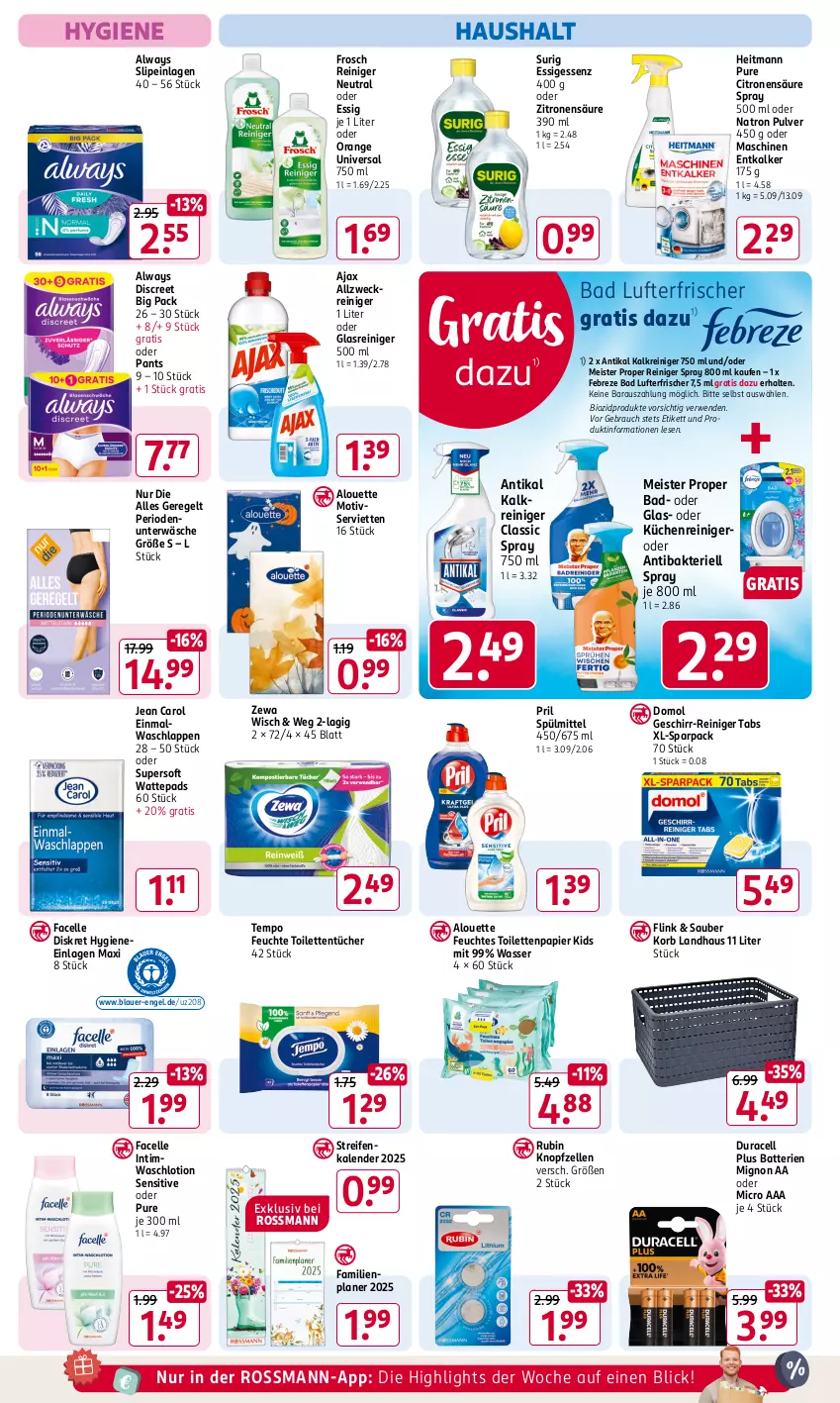 Aktueller Prospekt Rossmann - Prospekte - von 30.09 bis 04.10.2024 - strona 14 - produkty: ajax, allzweckreiniger, alouette, Alwa, Always, auer, Bad, batterie, batterien, bio, biozidprodukte, Discreet, Domol, Einmalwaschlappen, eis, elle, Engel, entkalker, essig, Facelle, Familienplaner, febreze, feuchtes toilettenpapier, Frosch, geschirr, Glasreiniger, heitmann, Jean Carol, Kalkreiniger, korb, küche, Küchen, Lotion, lufterfrischer, Meister, meister proper, orange, Pants, papier, pril, Rauch, reifen, reiniger, Rubin, rwe, Serviette, servietten, slip, slipeinlagen, spülmittel, Tempo, Ti, toilettenpapier, toilettentücher, tücher, Unterwäsche, waschlappen, Waschlotion, wasser, wattepads, weck, zewa, zitrone, zitronen