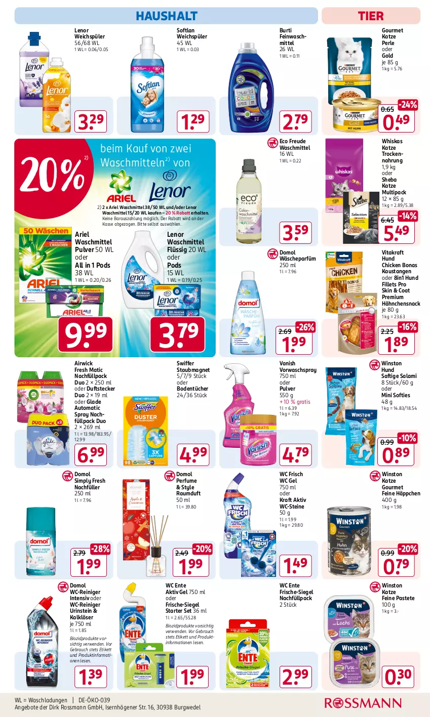 Aktueller Prospekt Rossmann - Prospekte - von 30.09 bis 04.10.2024 - strona 15 - produkty: airwick, aktiv gel, angebot, angebote, ariel, ariel waschmittel, aust, auto, bio, biozidprodukte, Bodentücher, Bona, burti, Domol, ente, feinwaschmittel, Glade, kraft, lenor, lenor waschmittel, lenor weichspüler, pastete, Pods, Rauch, Raumduft, reiniger, rwe, saft, salami, sheba, sim, snack, Softlan, staubmagnet, swiffer, Ti, Trockennahrung, tücher, vanish, vita, vitakraft, wäscheparfüm, waschmittel, wc ente, wc frisch, wc-reiniger, WC-Steine, wedel, weichspüler, whiskas, WICK