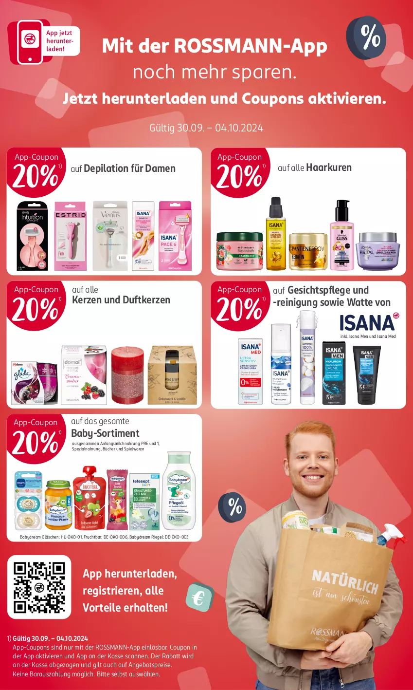 Aktueller Prospekt Rossmann - Prospekte - von 30.09 bis 04.10.2024 - strona 16 - produkty: angebot, angebotspreis, babydream, coupon, coupons, Duftkerze, eis, frucht, gesichtspflege, isana, kerze, milch, Reinigung, reis, riegel, sana, Spezi, spielwaren, Ti