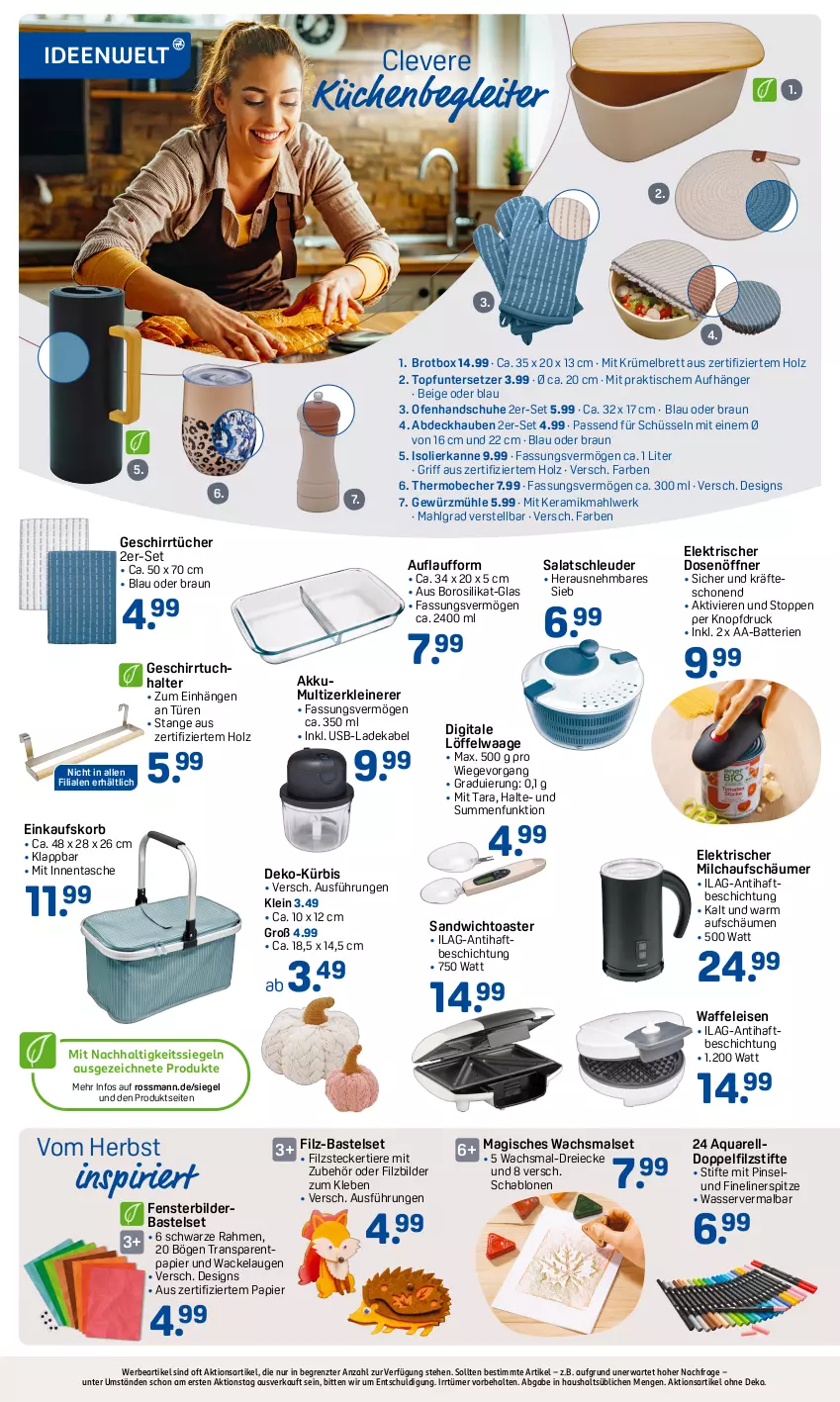 Aktueller Prospekt Rossmann - Prospekte - von 30.09 bis 04.10.2024 - strona 2 - produkty: AA-Batterien, abdeckhaube, akku, aqua, batterie, batterien, Becher, braun, brot, deka, Dosenöffner, einkaufskorb, eis, fenster, Fineliner, geschirr, geschirrtuch, geschirrtücher, gewürz, Gewürzmühle, handschuhe, Holz, ilag, isolierkanne, korb, küche, Küchen, Kürbis, ladekabel, leine, LG, Löffel, milch, milchaufschäumer, Ofen, papier, Pinsel, rel, salat, sandwich, schuhe, schüssel, stifte, Tasche, Ti, Tiere, tisch, toast, toaster, topf, Topfuntersetzer, tuc, tücher, Untersetzer, usb, Waage, Waffeleisen, wasser, Zerkleinerer, ZTE