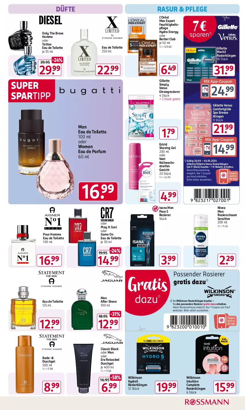 Aktueller Prospekt Rossmann - Prospekte - von 30.09 bis 04.10.2024 - strona 5 - produkty: after shave, Bad, bree, coupon, duschgel, Eau de parfum, eau de toilette, eau de toilette 100 ml, einwegrasierer, feuchtigkeitspflege, gillette, gillette venus, isana, kaltwachsstreifen, lack, mac, mach3, nivea, Nivea Men, parfum, rasierer, Rasierklinge, rasierklingen, Rasierschaum, reifen, rel, sana, sim, spartipp, Ti, veet, venus, wilkinson