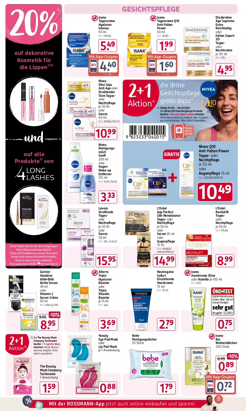 Aktueller Prospekt Rossmann - Prospekte - von 30.09 bis 04.10.2024 - strona 6 - produkty: alterra, Augenpflege, Bebe, bio, coupon, creme, Diadermine, garnier, gesichtspflege, handcreme, hyaluron, isana, Kamill, kamille, kosmetik, lavera, Make-up, Maske, milch, nachtcreme, nachtpflege, neutrogena, nivea, olive, Q10, Reinigung, Reinigungsmilch, reinigungstücher, Revital, revitalift, rum, sana, Serum, soja, tagescreme, Ti, tuc, tücher, tuchmaske, vita, Vitamin B, Vitamin C, Wattestäbchen