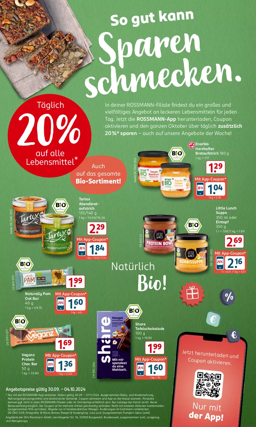 Aktueller Prospekt Rossmann - Prospekte - von 30.09 bis 04.10.2024 - strona 7 - produkty: alkohol, alkoholische getränke, angebot, angebote, angebotspreis, aufstrich, bio, brot, brotaufstrich, coupon, eintopf, eis, getränk, getränke, Kinder, Kindernahrung, latte, lebensmittel, natur, natura, reis, rezept, schoko, schokolade, suppe, tafelschokolade, Ti, topf, wedel