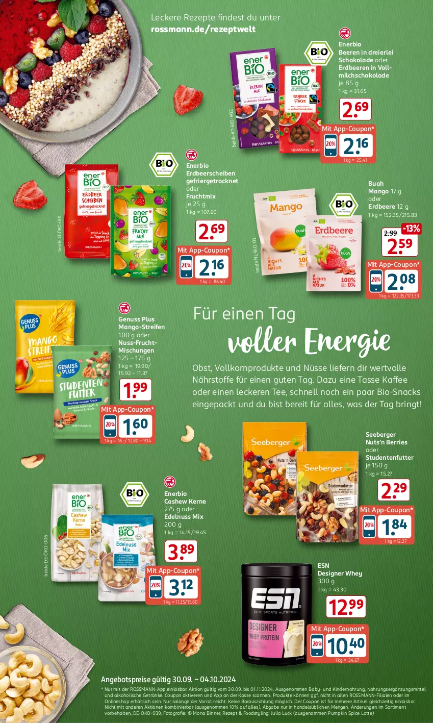 Aktueller Prospekt Rossmann - Prospekte - von 30.09 bis 04.10.2024 - strona 8 - produkty: alkohol, alkoholische getränke, angebot, angebotspreis, beere, beeren, Berger, bio, Cashew, coupon, eier, eis, ente, erdbeere, erdbeeren, frucht, getränk, getränke, kaffee, Kinder, Kindernahrung, korn, latte, mango, milch, nuss, obst, reifen, reis, rezept, rezepte, ring, schoko, schokolade, seeberger, snack, snacks, studentenfutter, tasse, tee, Ti, vollmilch