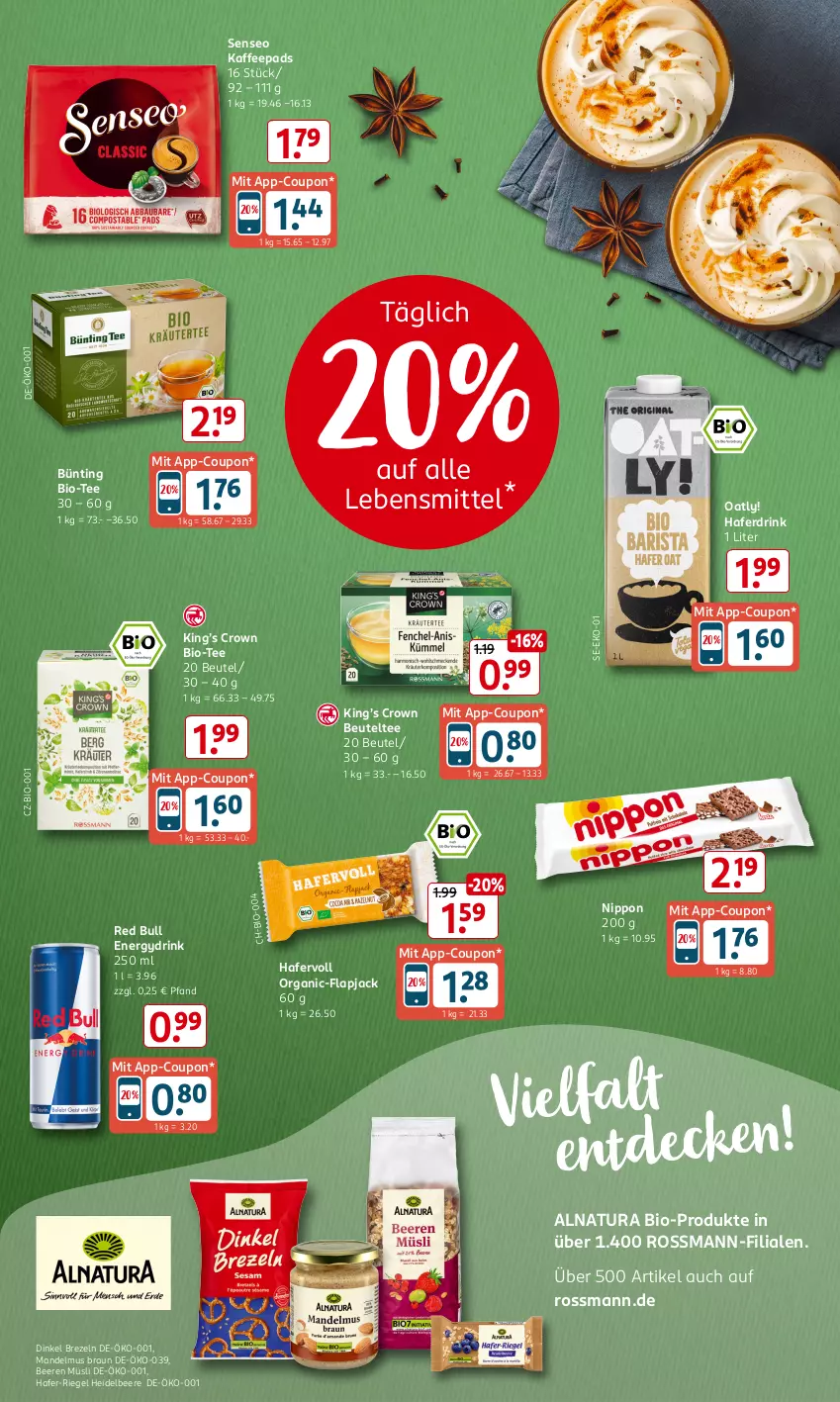 Aktueller Prospekt Rossmann - Prospekte - von 30.09 bis 04.10.2024 - strona 9 - produkty: beere, beeren, beutel, bio, braun, brezel, Brezeln, coupon, drink, hafer, Haferdrink, heidelbeere, kaffee, kaffeepads, lebensmittel, mandel, Mandelmus, müsli, natur, natura, nippon, red bull, riegel, senseo, tee, Ti