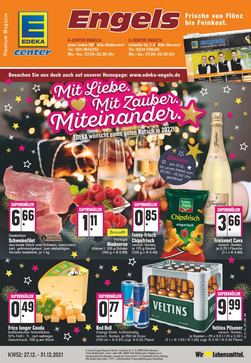 Aktueller Prospekt E Center - Angebote der Woche - von 27.12.2021 bis 01.01.2022 - strona 1 - produkty: aldi, beere, beeren, beutel, chips, chipsfrisch, deka, drink, eis, elle, energy drink, Engel, ente, feinkost, filet, flasche, frico, gouda, himbeer, himbeere, himbeeren, holländischer schnittkäse, Käse, lebensmittel, mac, magazin, mars, reis, Schal, Schale, schnittkäse, schwein, schweine, schweinefilet, shirt, teller, Ti, uhr, wein, weine