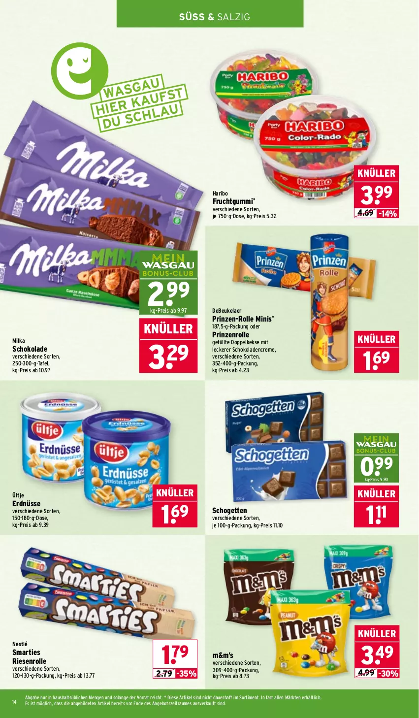 Aktueller Prospekt Wasgau - von 16.02 bis 21.02.2026 - strona 14 - produkty: angebot, auer, creme, debeukelaer, Doppelkekse, eis, erdnüsse, frucht, fruchtgummi, haribo, keks, kekse, milka, milka schokolade, nestlé, prinzenrolle, reis, salz, schogetten, schoko, schokolade, schokoladen, smarties, Ti, ültje, ültje erdnüsse