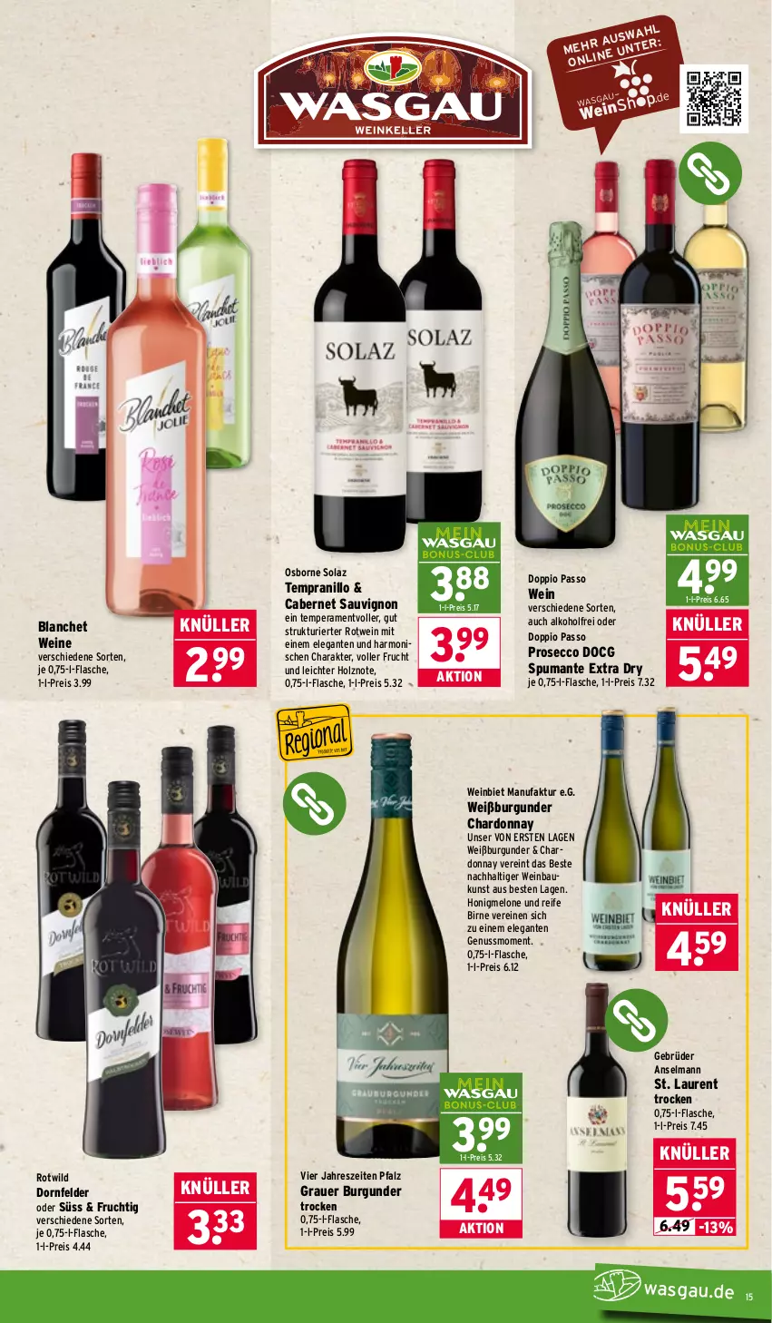 Aktueller Prospekt Wasgau - von 16.02 bis 21.02.2026 - strona 15 - produkty: alkohol, auer, Bau, burgunder, cabernet, cabernet sauvignon, chardonnay, doppio passo, dornfelder, ecco, eis, Faktu, flasche, frucht, grauer burgunder, Holz, honig, honigmelone, melone, nuss, olaz, osborne, passo, prosecco, puma, reis, rotwein, sauvignon, sauvignon blanc, spumante, tempranillo, Ti, wein, weine, Weißburgunder, Wild