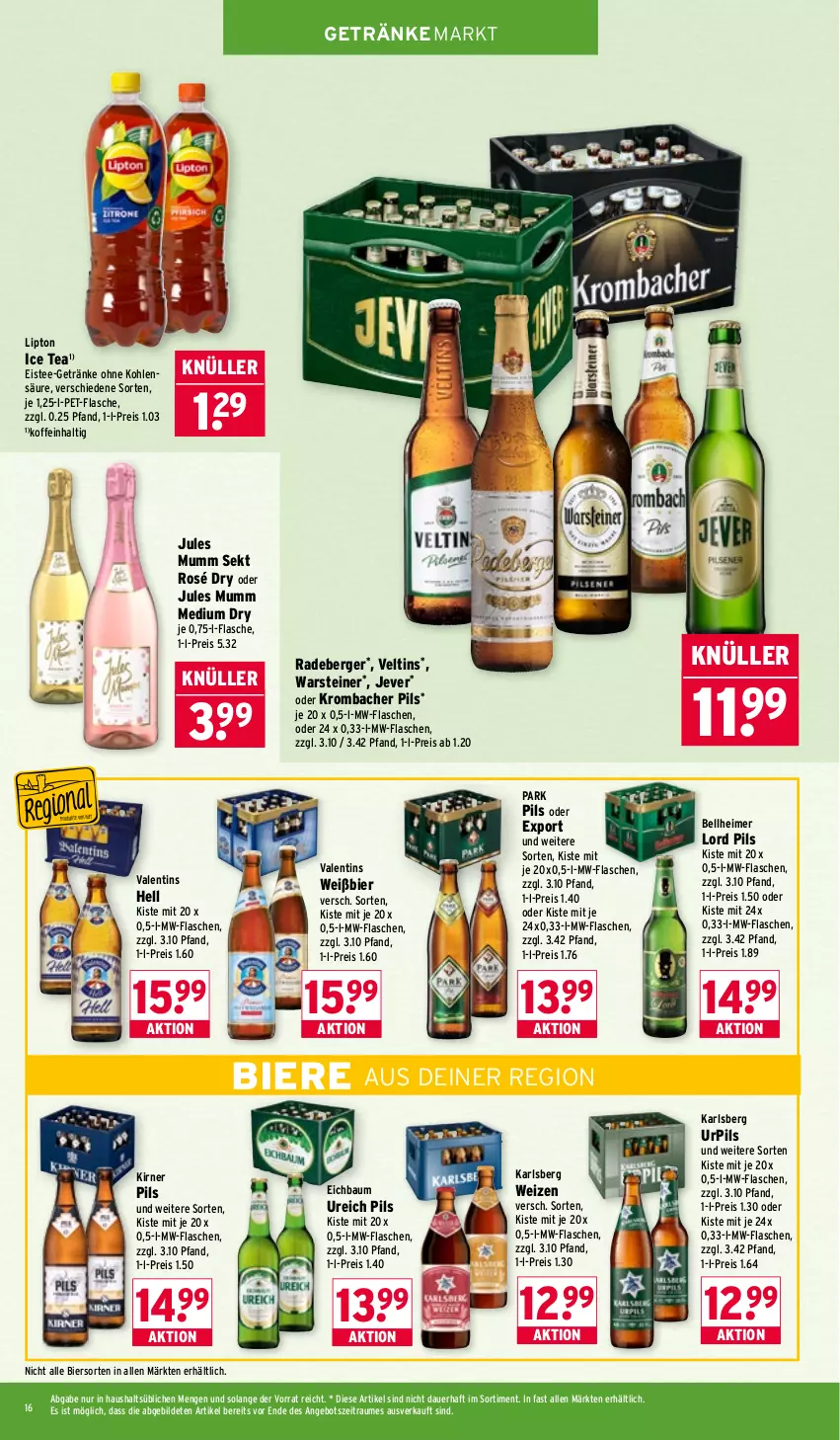 Aktueller Prospekt Wasgau - von 16.02 bis 21.02.2026 - strona 16 - produkty: angebot, auer, Bau, Berger, bier, Biere, eimer, eis, eistee, flasche, getränk, getränke, ice tea, jever, jules mumm, karlsberg, krombache, krombacher, krombacher pils, lipton, lipton ice tea, mumm, mw-flasche, pet-flasche, pils, radeberger, reis, sekt, steiner, tee, Ti, veltins, warsteiner