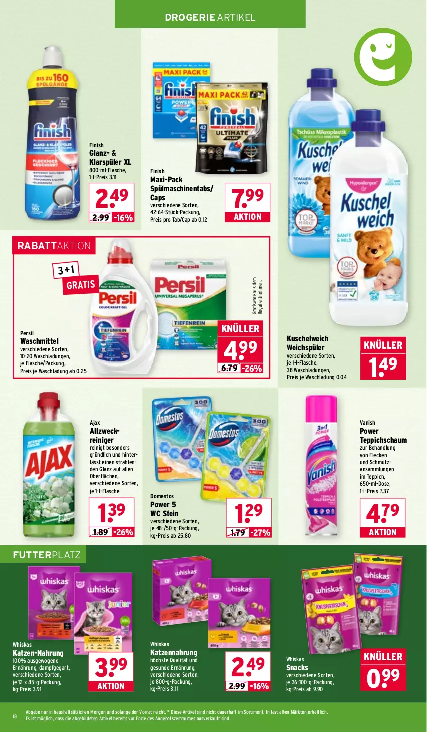 Aktueller Prospekt Wasgau - von 16.02 bis 21.02.2026 - strona 18 - produkty: ajax, allzweckreiniger, angebot, auer, Cap, domestos, eis, Finish, flasche, katzennahrung, klarspüler, Kuschelweich, persil, regal, reiniger, reis, snack, snacks, spülmaschinen, spülmaschinentabs, teppich, Ti, vanish, waschmittel, weck, weichspüler, whiskas