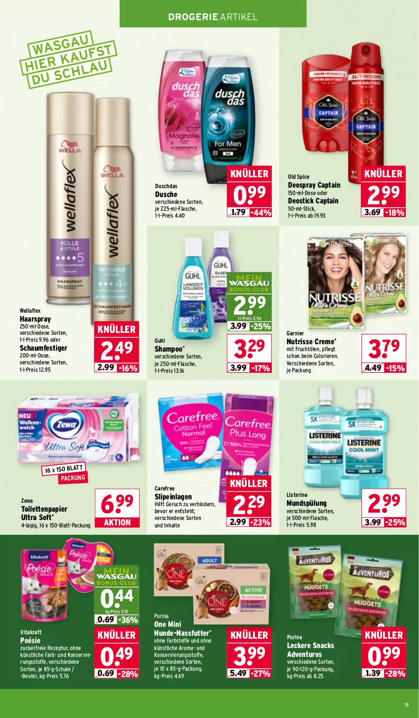Aktueller Prospekt Wasgau - von 16.02 bis 21.02.2026 - strona 19 - produkty: adventuros, beutel, Cap, carefree, creme, deo, deospray, Deostick, duschdas, dusche, eis, flasche, frucht, garnier, Guhl, haarspray, je 500-ml-flasche, kraft, listerine, mit frucht, mundspülung, nassfutter, Nutrisse, oder schaumfestiger, Old Spice, papier, purina, reis, rezept, Schal, Schale, schaumfestiger, shampoo, slip, slipeinlagen, snack, snacks, spülung, Ti, toilettenpapier, vita, vitakraft, Wella, wellaflex, zewa, zucker