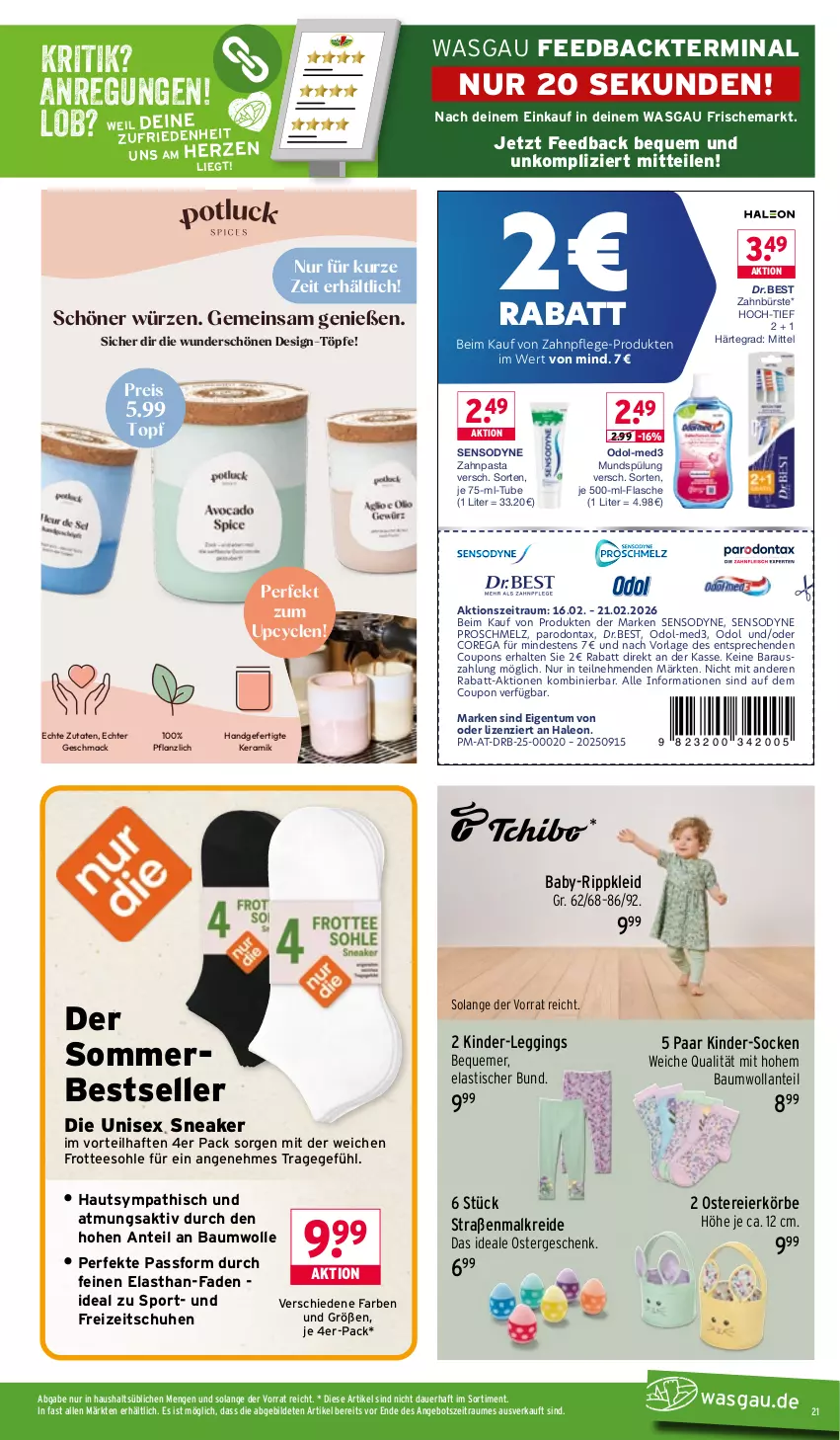 Aktueller Prospekt Wasgau - von 16.02 bis 21.02.2026 - strona 21 - produkty: angebot, asti, auer, Bau, baumwolle, bürste, coupon, coupons, eier, eis, elle, flasche, Freizeitschuhe, gin, je 500-ml-flasche, Kinder, kleid, Kreide, leggings, mac, mundspülung, Odol, Parodontax, pasta, reis, schuhe, sensodyne, sneaker, socken, Sport, spülung, tee, Ti, tisch, topf, wolle, zahnbürste, zahnpasta