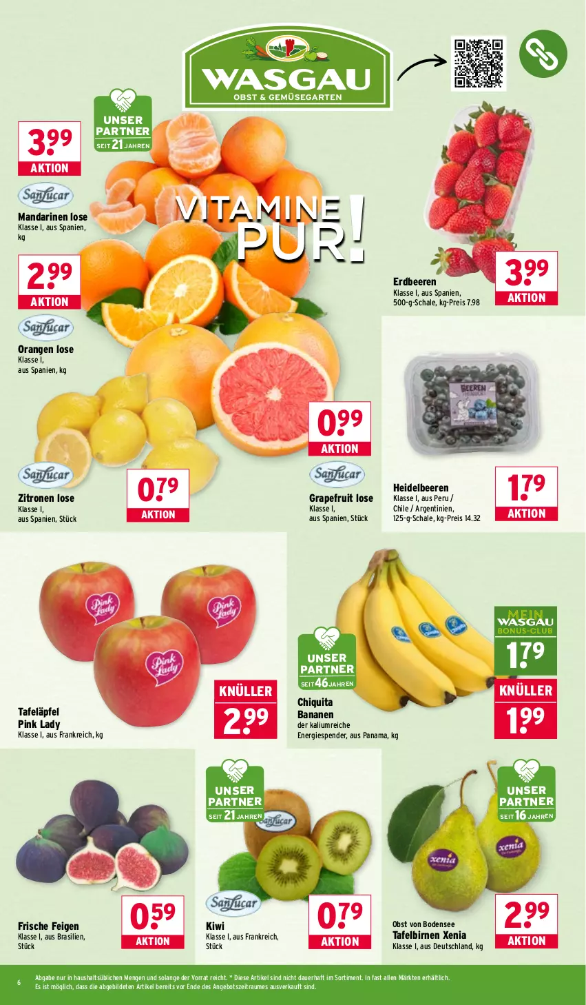 Aktueller Prospekt Wasgau - von 16.02 bis 21.02.2026 - strona 6 - produkty: angebot, auer, banane, bananen, beere, beeren, Birnen, chiquita, eis, erdbeere, erdbeeren, Feigen, grapefruit, heidelbeere, heidelbeeren, kiwi, mandarine, mandarinen, obst, orange, orangen, Pink Lady, reis, Schal, Schale, tafeläpfel, tafelbirnen, Ti, vita, Vitamine, zitrone, zitronen