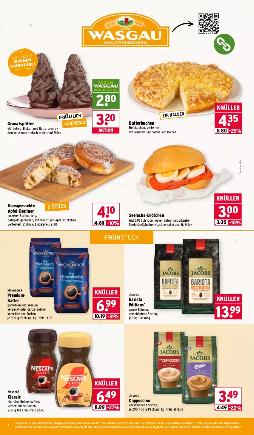 Aktueller Prospekt Wasgau - von 16.02 bis 21.02.2026 - strona 8 - produkty: angebot, angebote, apfel, auer, berliner, bier, Biere, bohne, bohnen, bohnenkaffee, brötchen, butter, Cap, cappuccino, cin, creme, eis, frucht, geback, grana, Hefe, jacobs, kaffee, kuchen, lachs, löslicher bohnenkaffee, mac, mandel, mandeln, mit frucht, mövenpick, Nescafé, Rana, reis, sahne, Ti