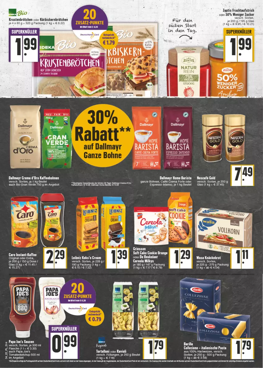 Aktueller Prospekt E Center - Angebote der Woche - von 22.08 bis 27.08.2022 - strona 14 - produkty: angebot, aufstrich, barilla, beutel, bio, bohne, bohnen, brötchen, dallmayr, ente, erde, espresso, flasche, frucht, fruchtaufstrich, gin, griesson, hartweizen, honig, intenso, italienische pasta, kaffee, kaffeebohnen, ketchup, Kürbis, Kürbiskernbrötchen, nescafe, oder espresso, pasta, tee, Ti, Tiere, tomate, tomaten, tomatenketchup, wasa, zentis, zucker