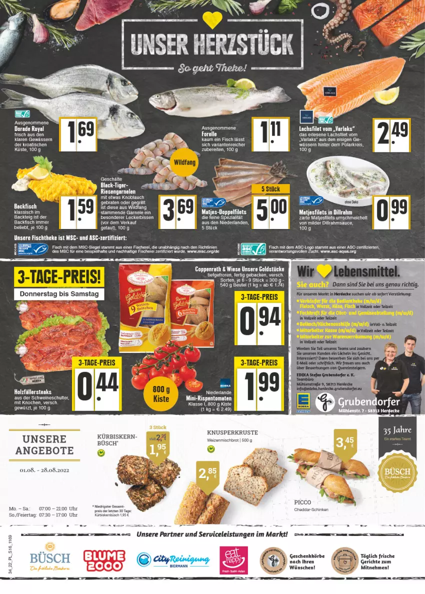 Aktueller Prospekt E Center - Angebote der Woche - von 22.08 bis 27.08.2022 - strona 16 - produkty: angebot, angebote, aqua, arla, backfisch, bier, brot, cheddar, coppenrath, decke, deka, Dorade, dorade royal, eier, eis, erde, filet, filets, fisch, fische, Fischer, garnelen, geback, gewürz, Goldstücke, Holz, holzfällersteaks, knoblauch, Kürbis, lachs, lachsfilet, lack, matjes, Matjesfilet, matjesfilets, mini-rispentomaten, Reinigung, reis, Ria, riesengarnelen, rispentomaten, Schere, schinken, schwein, schweine, Spezi, steak, steaks, tee, Ti, tomate, tomaten, uhr, wein, weine, weizenmischbrot, Wild, ZTE