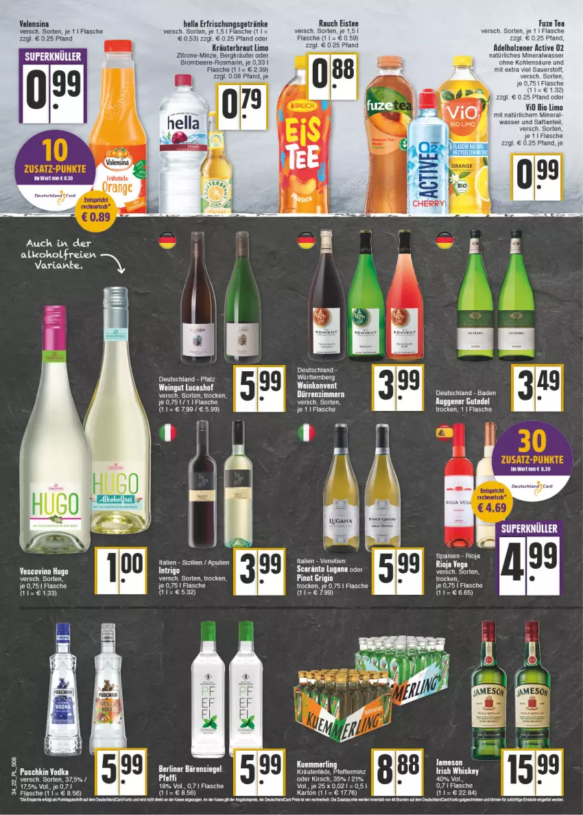 Aktueller Prospekt E Center - Angebote der Woche - von 22.08 bis 27.08.2022 - strona 8 - produkty: adelholzener, alkohol, Alwa, auer, Bad, beere, berliner, bio, bio limo, brombeere, eis, eistee, erfrischungsgetränk, erfrischungsgetränke, flasche, fuze tea, getränk, getränke, hella, Holz, irish whiskey, jameson, kirsch, kräuter, Kräuterbraut, kräuterlikör, kuemmerling, likör, limo, merl, mineralwasser, minze, natürliches mineralwasser, oder kräuter, pfeffer, Rauch, rioja, rosmarin, saft, tee, Ti, valensina, vio bio limo, wasser, wein, whiskey, zitrone