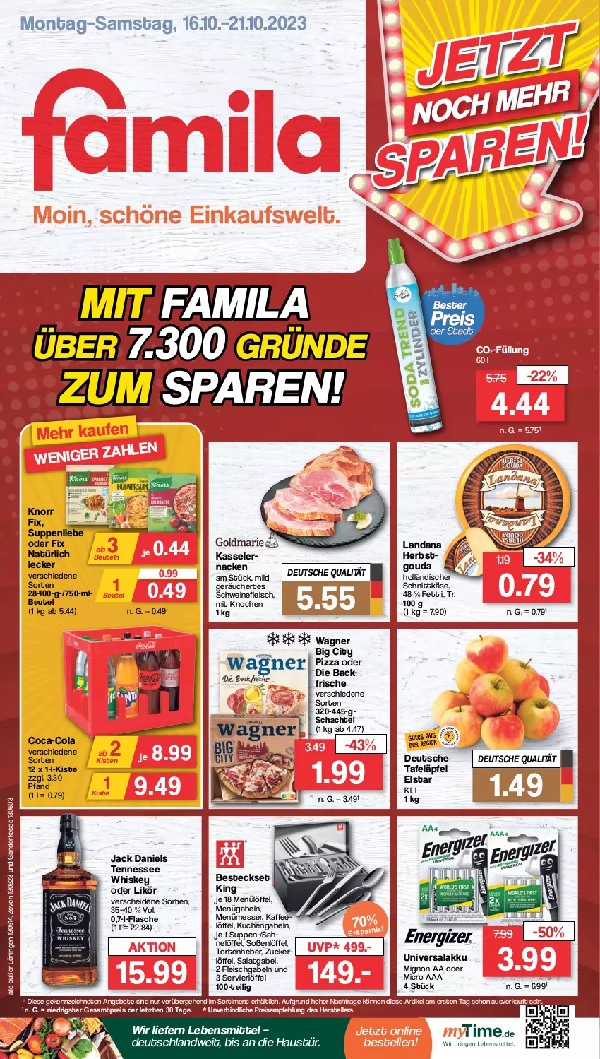 Aktueller Prospekt Famila - Prospekte - von 16.10 bis 21.10.2023 - strona 1 - produkty: akku, angebot, angebote, aust, besteck, besteckset, beutel, coca-cola, cola, eis, elle, flasche, fleisch, gabel, gouda, holländischer schnittkäse, jack daniel, jack daniels, kaffee, Käse, kasseler, knorr, knorr fix, kuchen, lebensmittel, likör, Löffel, messer, pizza, reis, sahne, salat, schnittkäse, schwein, schweine, schweinefleisch, Soße, suppe, suppen, suppenliebe, tafeläpfel, teller, tennessee whiskey, Ti, torte, wagner, wein, weine, whiskey, ZTE, zucker