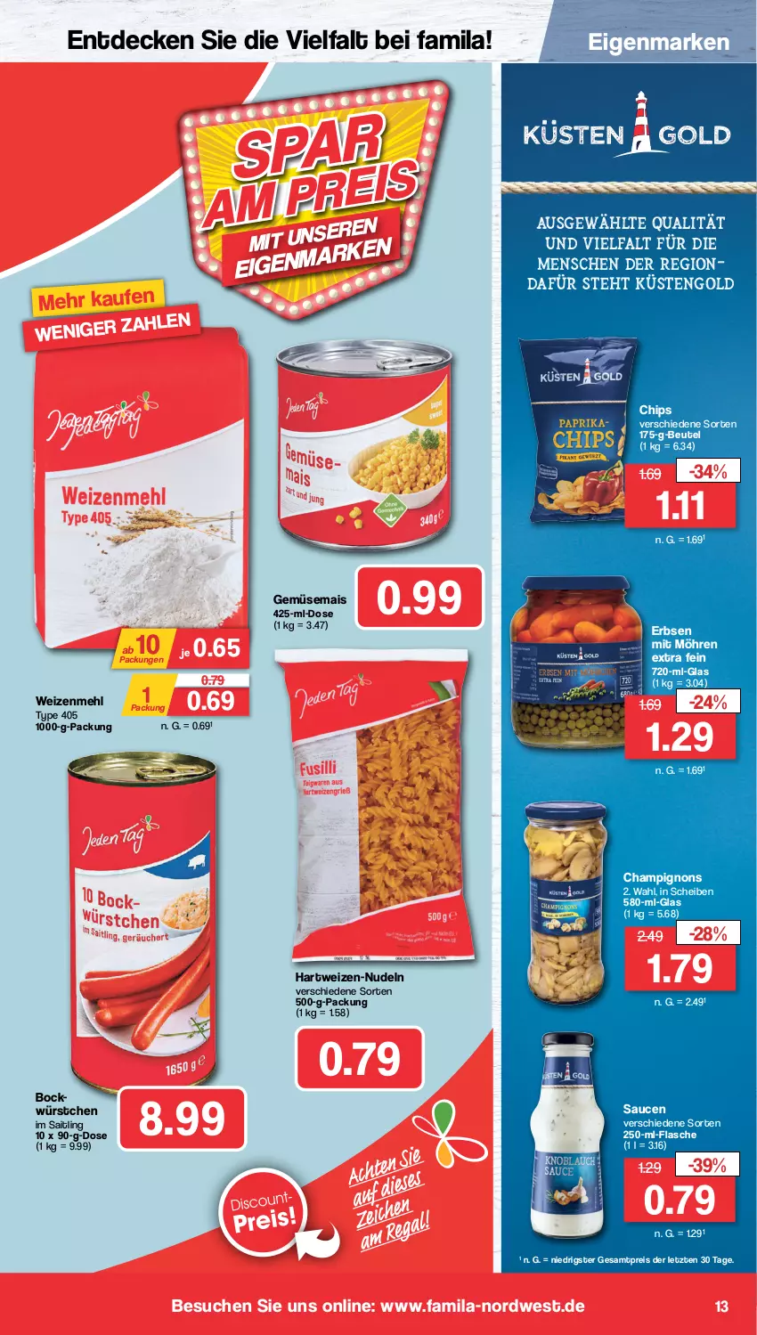 Aktueller Prospekt Famila - Prospekte - von 16.10 bis 21.10.2023 - strona 13 - produkty: beutel, champignon, champignons, chips, decke, eis, erbsen, flasche, gemüsemais, hartweizen, küstengold, mais, mehl, möhren, nudel, nudeln, reis, sauce, saucen, type 405, weizenmehl, würstchen, ZTE