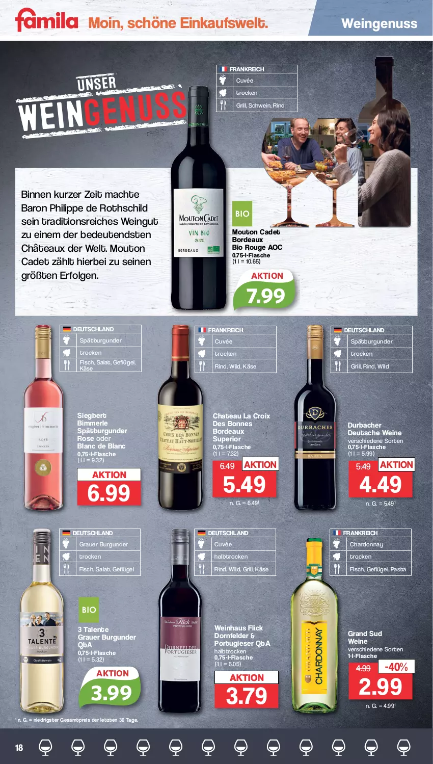 Aktueller Prospekt Famila - Prospekte - von 16.10 bis 21.10.2023 - strona 18 - produkty: auer, bio, burgunder, chardonnay, chateau, cuvée, dornfelder, eis, ente, fisch, flasche, Geflügel, grand sud, grauer burgunder, grill, Käse, LG, mac, merl, nuss, pasta, reis, rind, rouge, salat, schwein, spätburgunder, Ti, wein, weine, Wild, ZTE