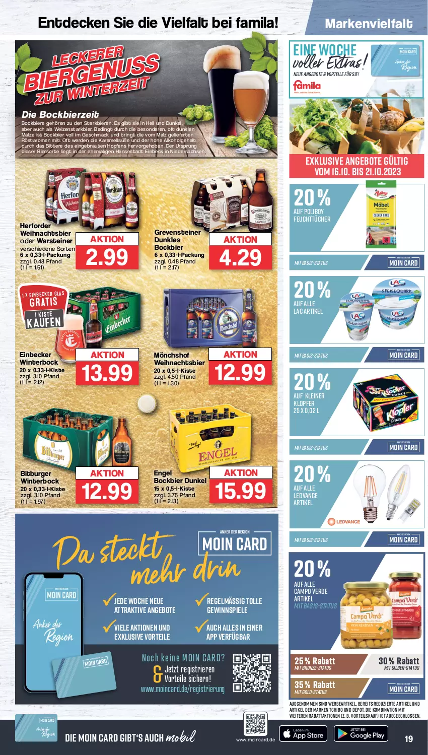 Aktueller Prospekt Famila - Prospekte - von 16.10 bis 21.10.2023 - strona 19 - produkty: alkohol, angebot, angebote, bier, Biere, bitburger, burger, Campo Verde, decke, Engel, erde, feuchttücher, gewinnspiel, grevensteiner, karamell, kleiner klopfer, leine, LG, mac, malz, mönchshof, ring, sac, Spiele, steiner, Tchibo, Ti, tücher, warsteiner