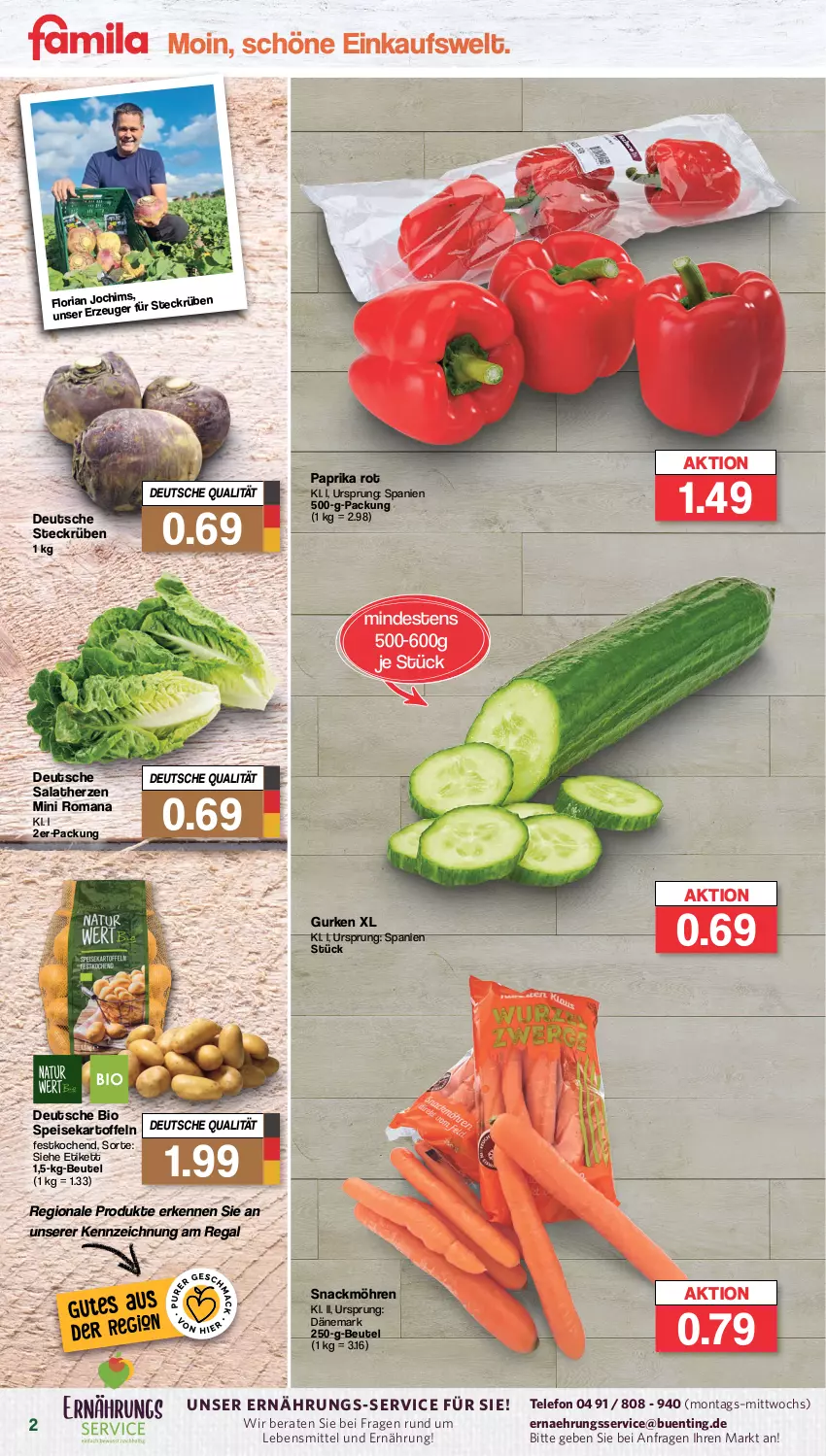 Aktueller Prospekt Famila - Prospekte - von 16.10 bis 21.10.2023 - strona 2 - produkty: beutel, bio, eis, gurke, gurken, kartoffel, kartoffeln, lebensmittel, möhren, paprika, paprika rot, regal, Ria, salat, salatherzen, snack, speisekartoffeln, telefon, Ti