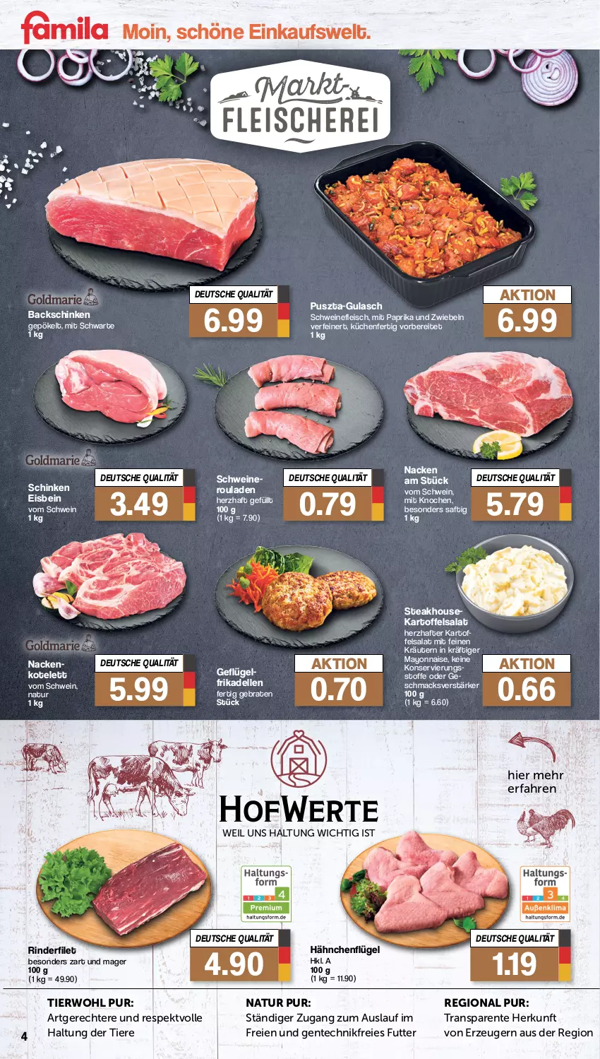 Aktueller Prospekt Famila - Prospekte - von 16.10 bis 21.10.2023 - strona 4 - produkty: braten, dell, eis, elle, ente, filet, fleisch, frikadellen, Geflügel, gulasch, hähnchenflügel, kartoffel, kartoffelsalat, kotelett, kräuter, kräutern, küche, Küchen, mac, mayonnaise, mit paprika, natur, paprika, rind, rinder, rinderfilet, rouladen, saft, salat, schinken, schwein, schweine, schweinefleisch, steak, Ti, Tiere, wein, weine, Yo, zwiebel, zwiebeln